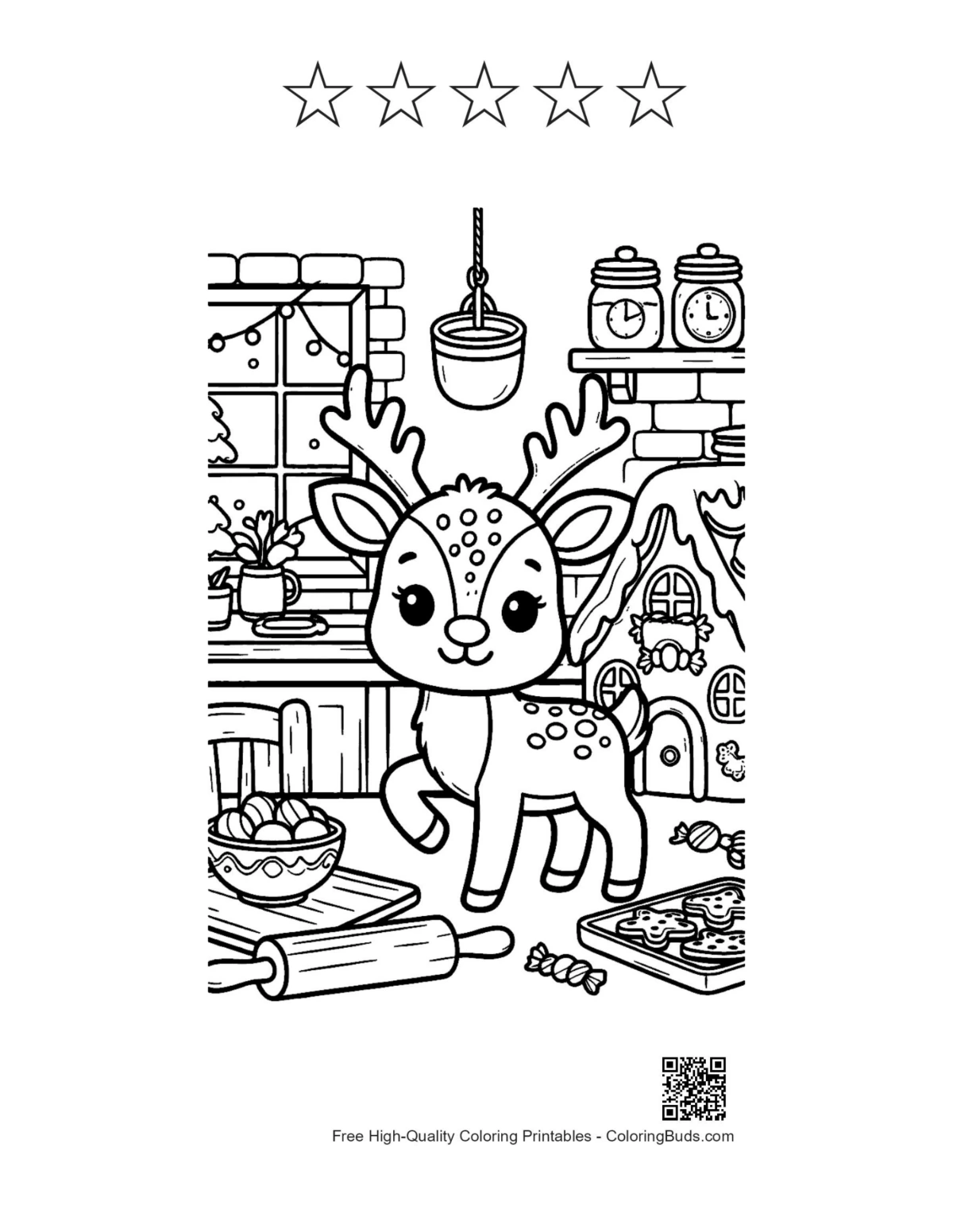 Cute reindeer baking page with 5-star outline