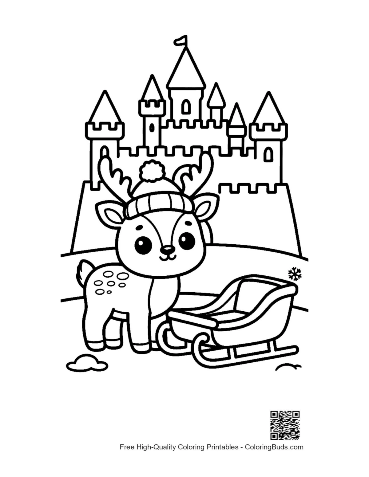 Fantasy reindeer calf by ice castle sleigh coloring page