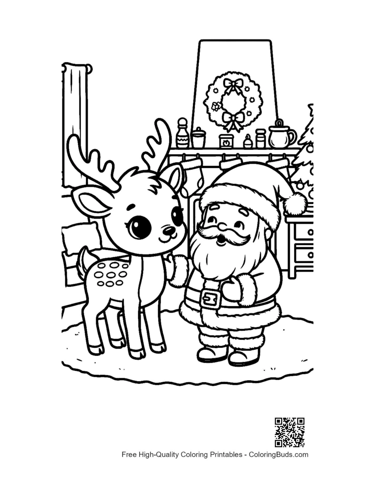 Reindeer calf next to Santa with toy sack coloring page