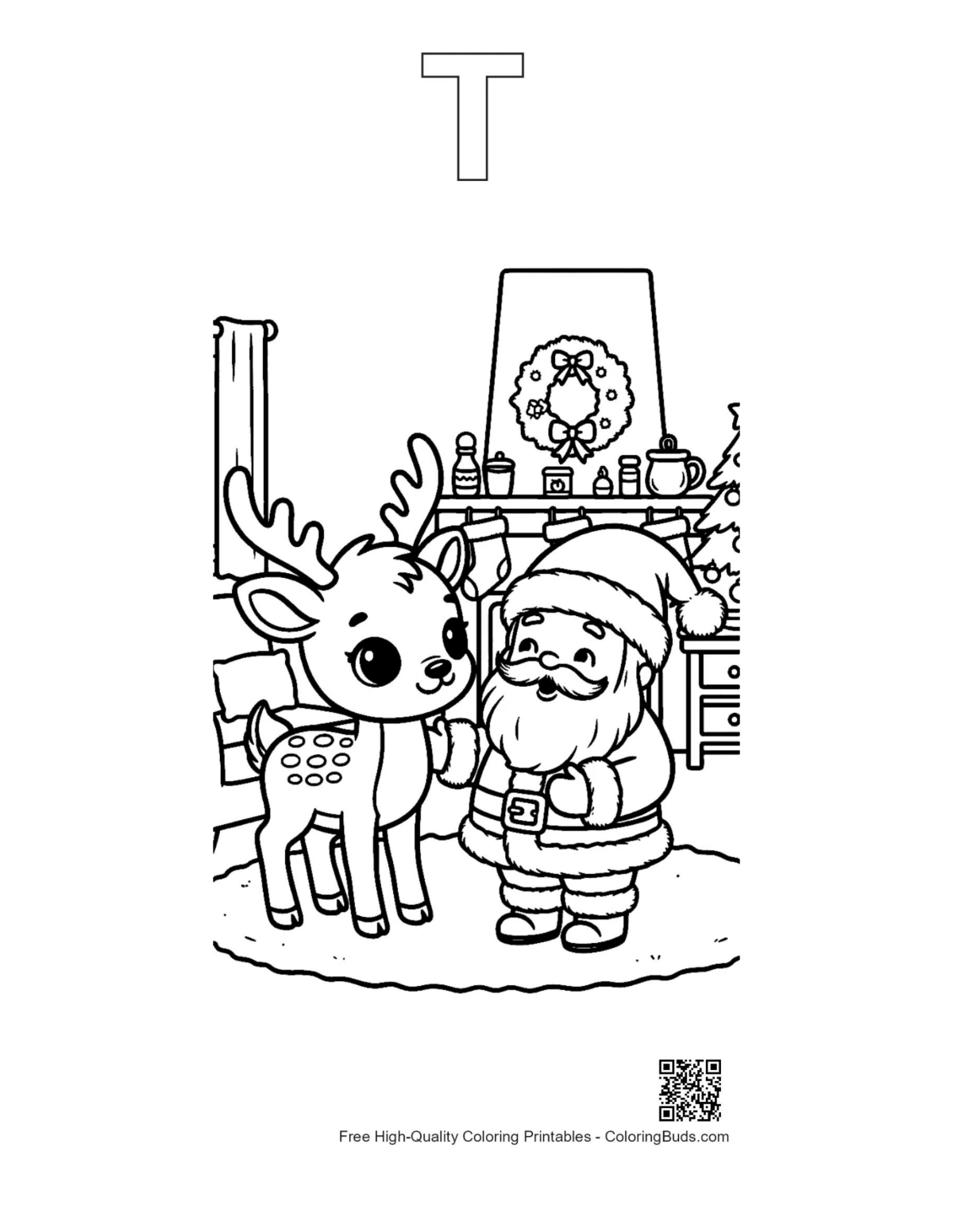 Reindeer calf Santa coloring page with alphabet T outline