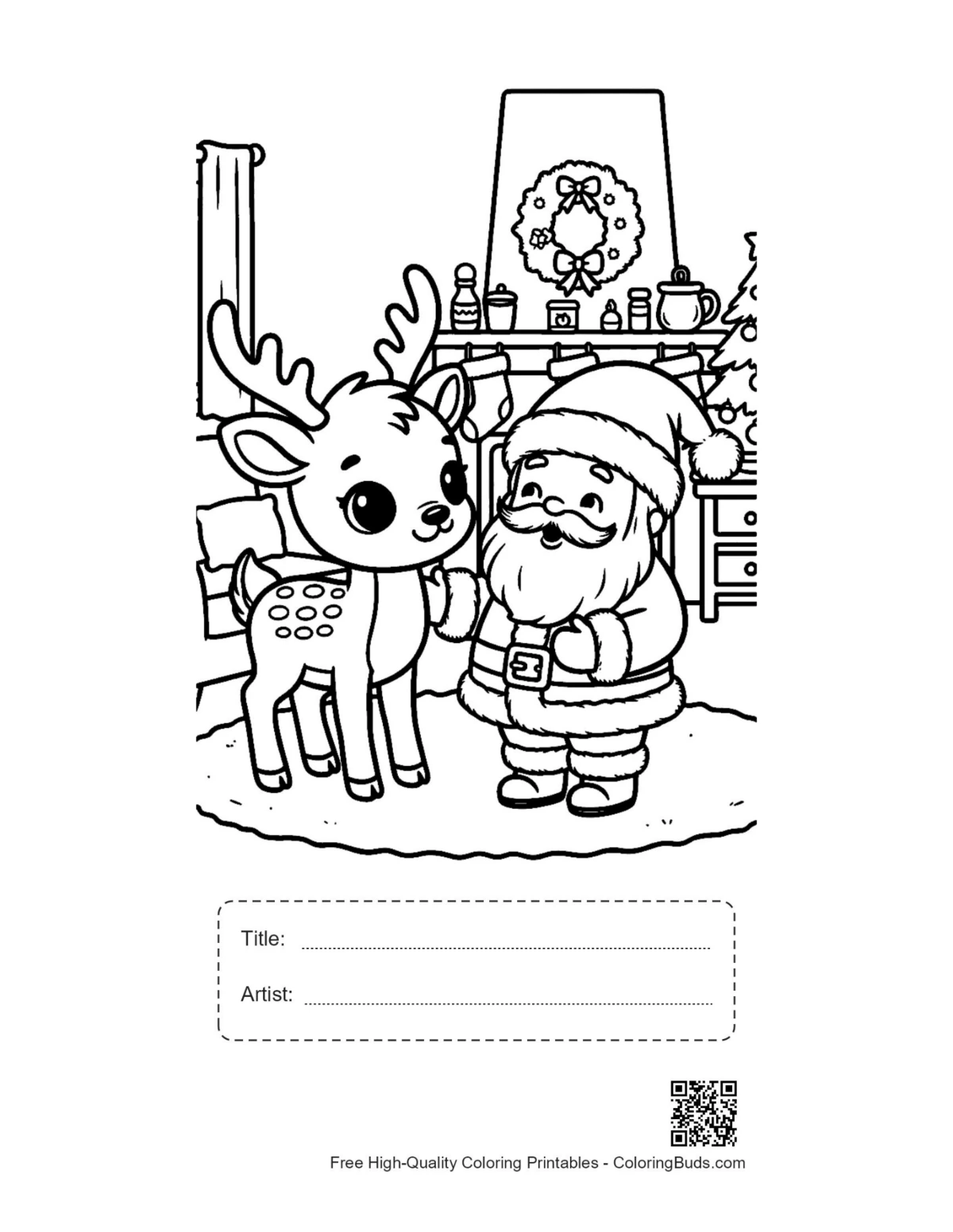 Reindeer calf Santa toy sack coloring page with title box