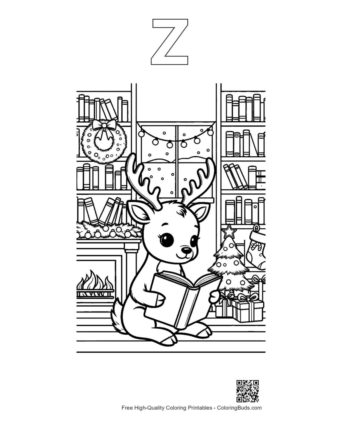 Reindeer coloring page alphabet Z outline kids