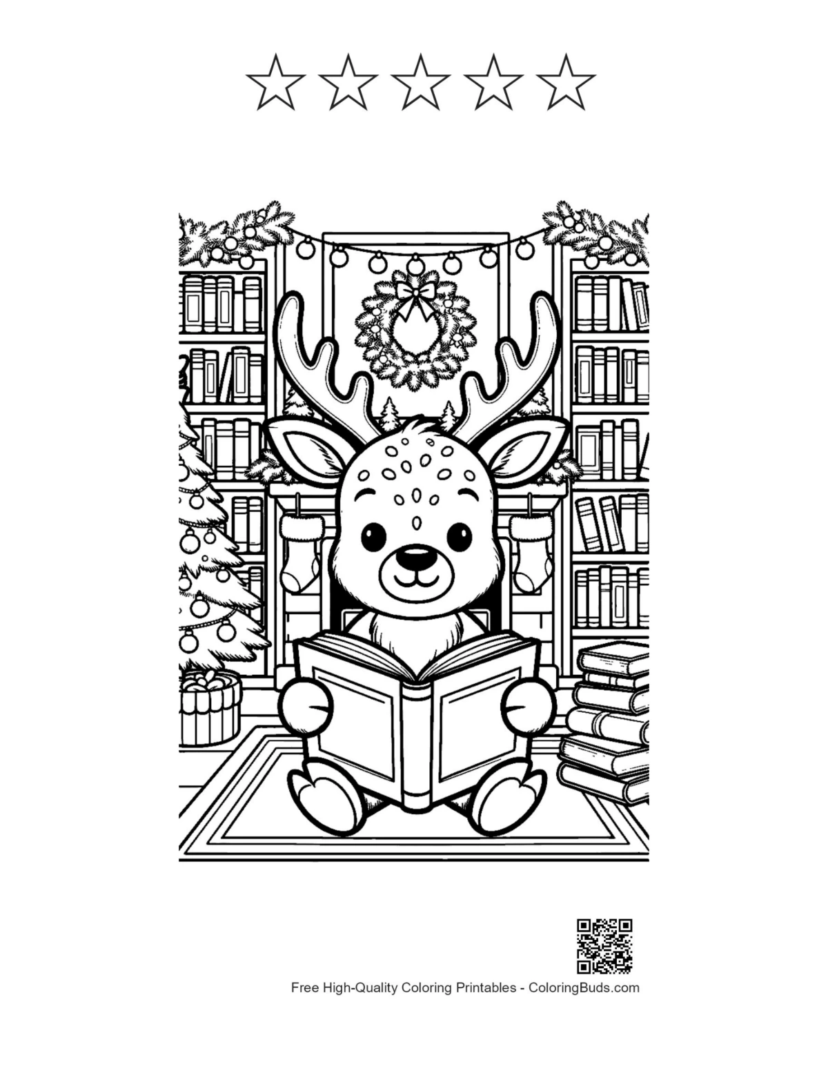 Reindeer printable with 5 star outlines for coloring