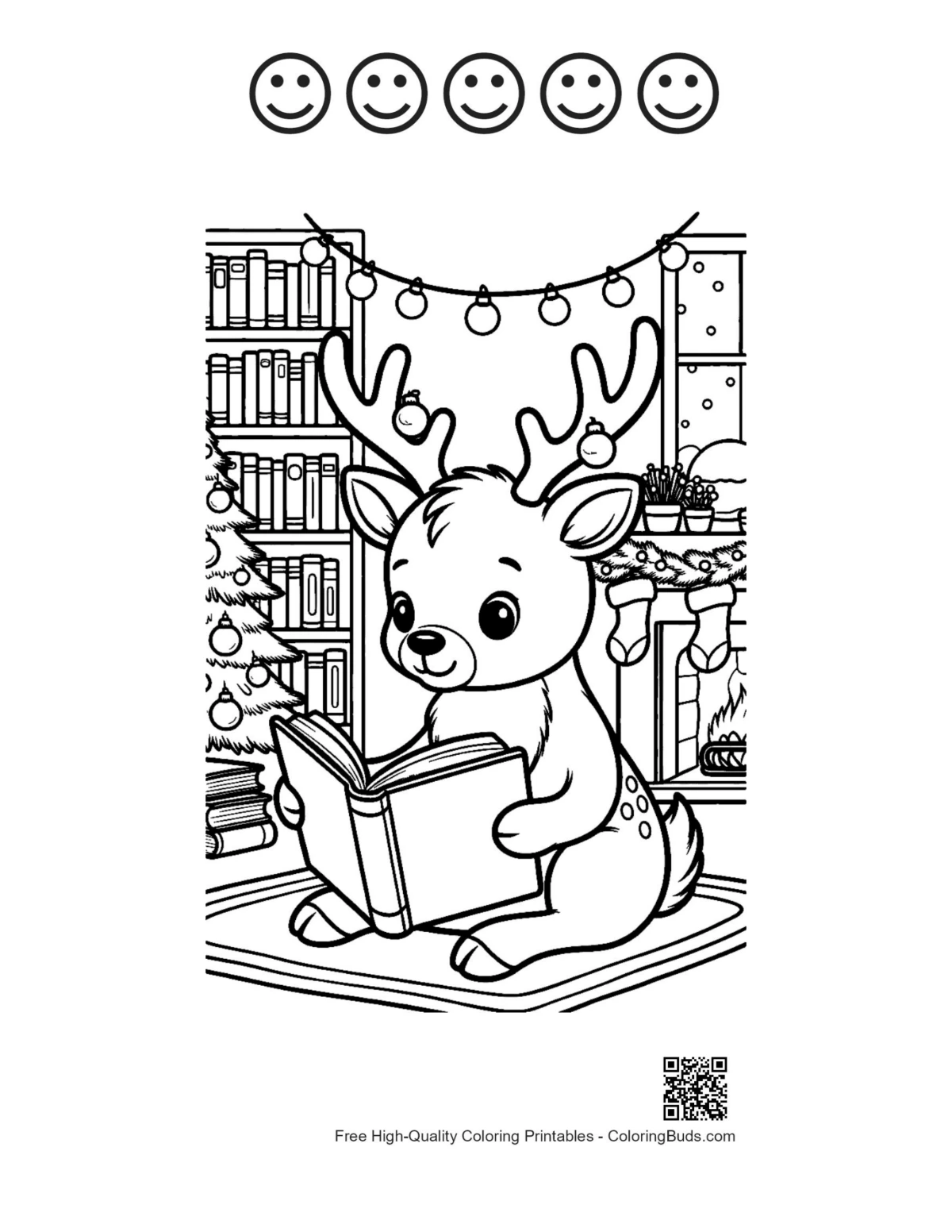 Reindeer coloring with 5 happy face outlines