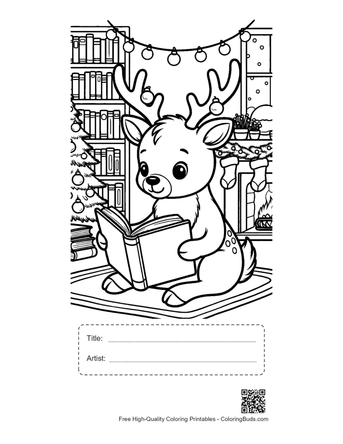 Reindeer coloring page with title artist box printable