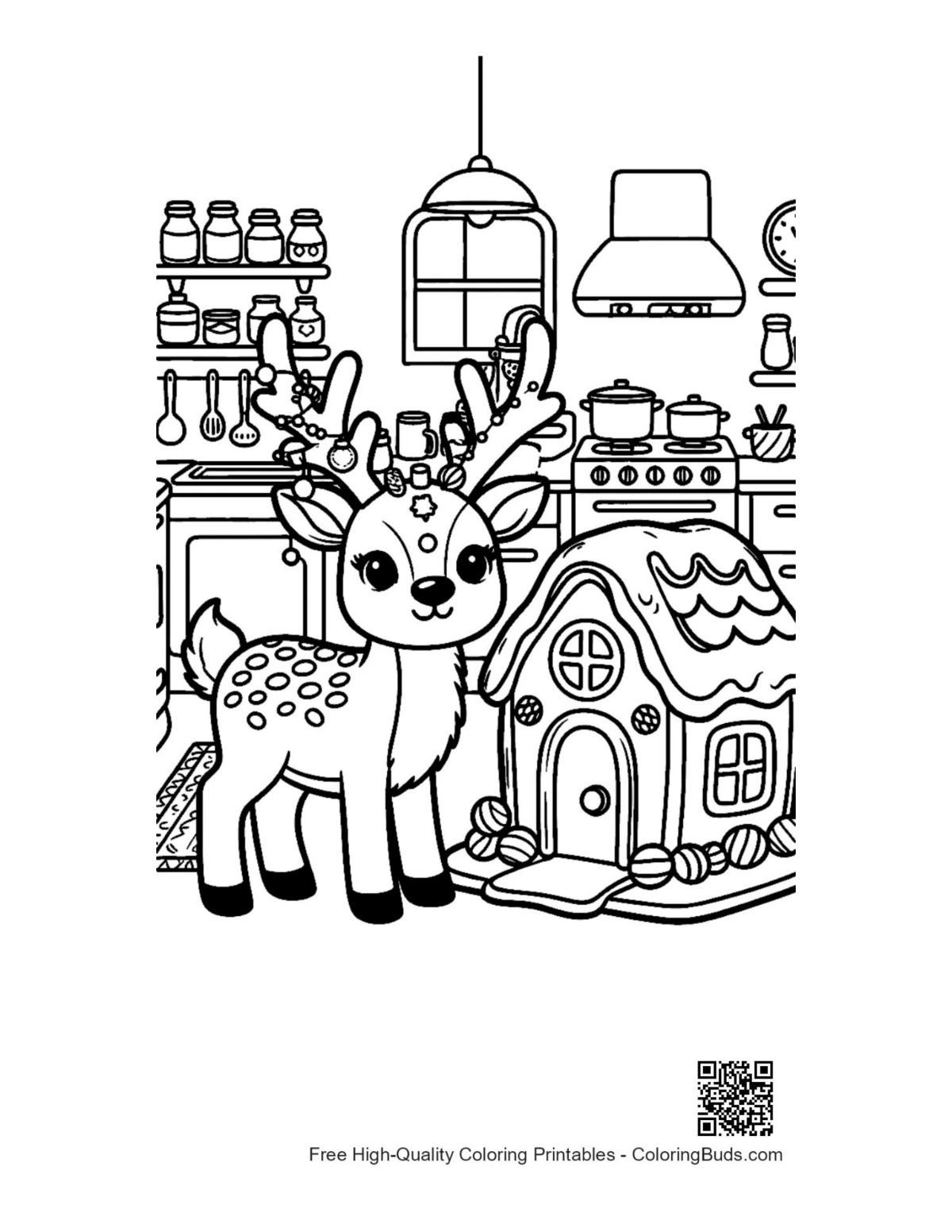 Small reindeer next to gingerbread cottage coloring page