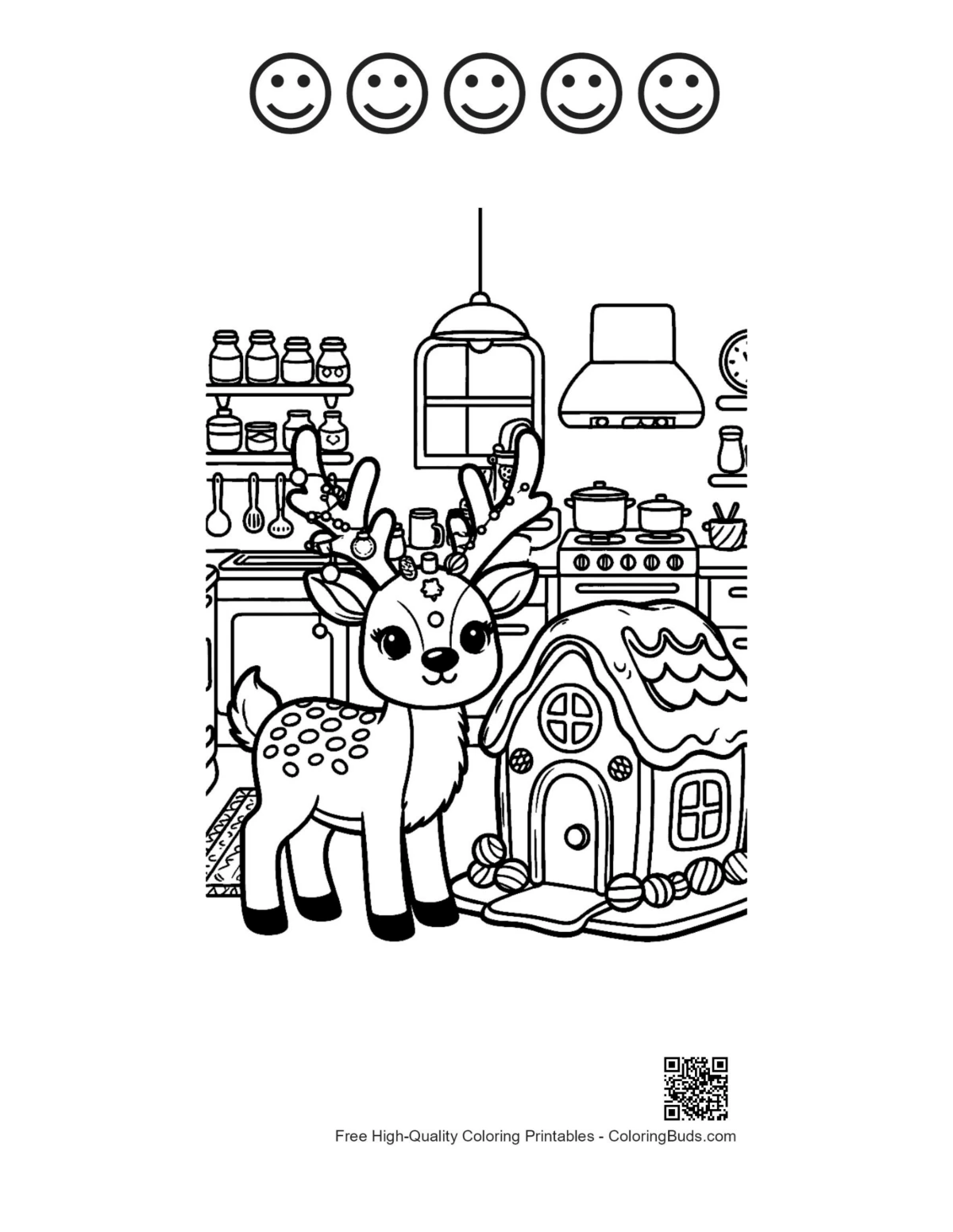 Reindeer coloring with 5 happy faces gingerbread cottage outline