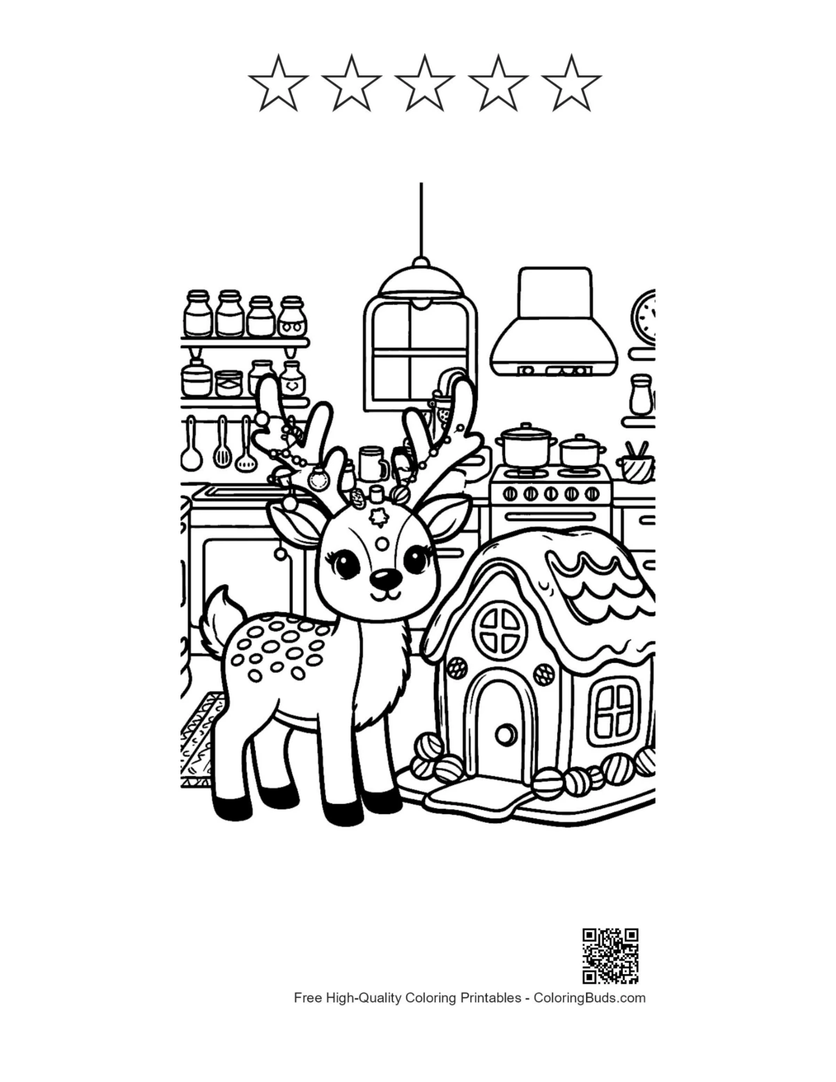 Small reindeer gingerbread cottage with 5-star outline coloring