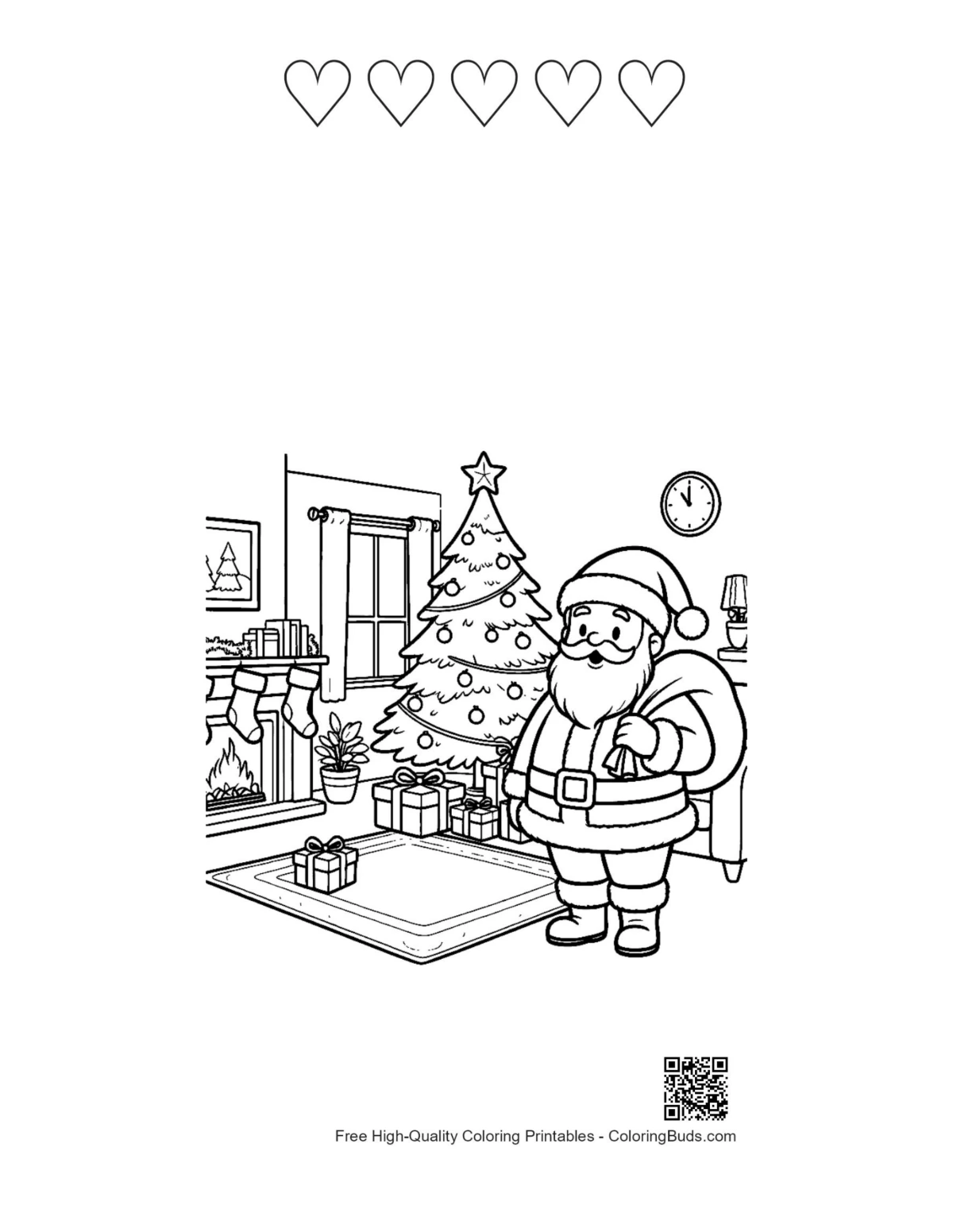 Cute Santa Claus printable with 5 heart outlines