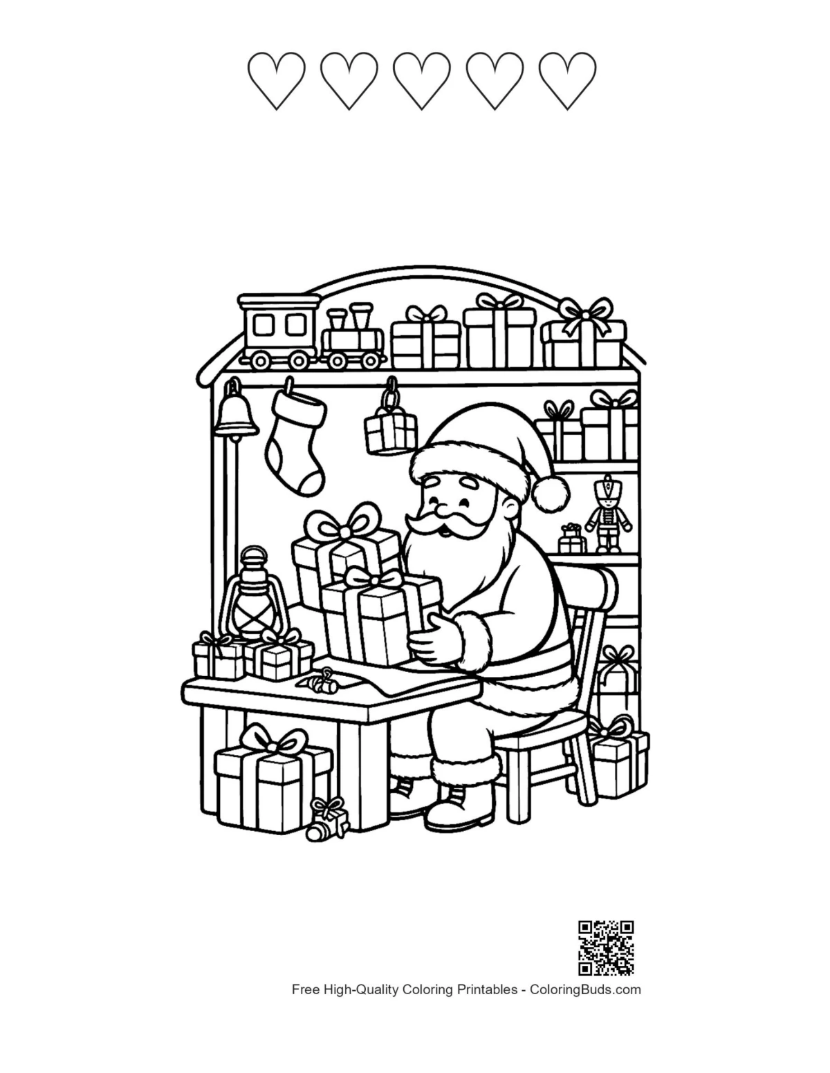 Santa Claus printable with 5 heart outlines