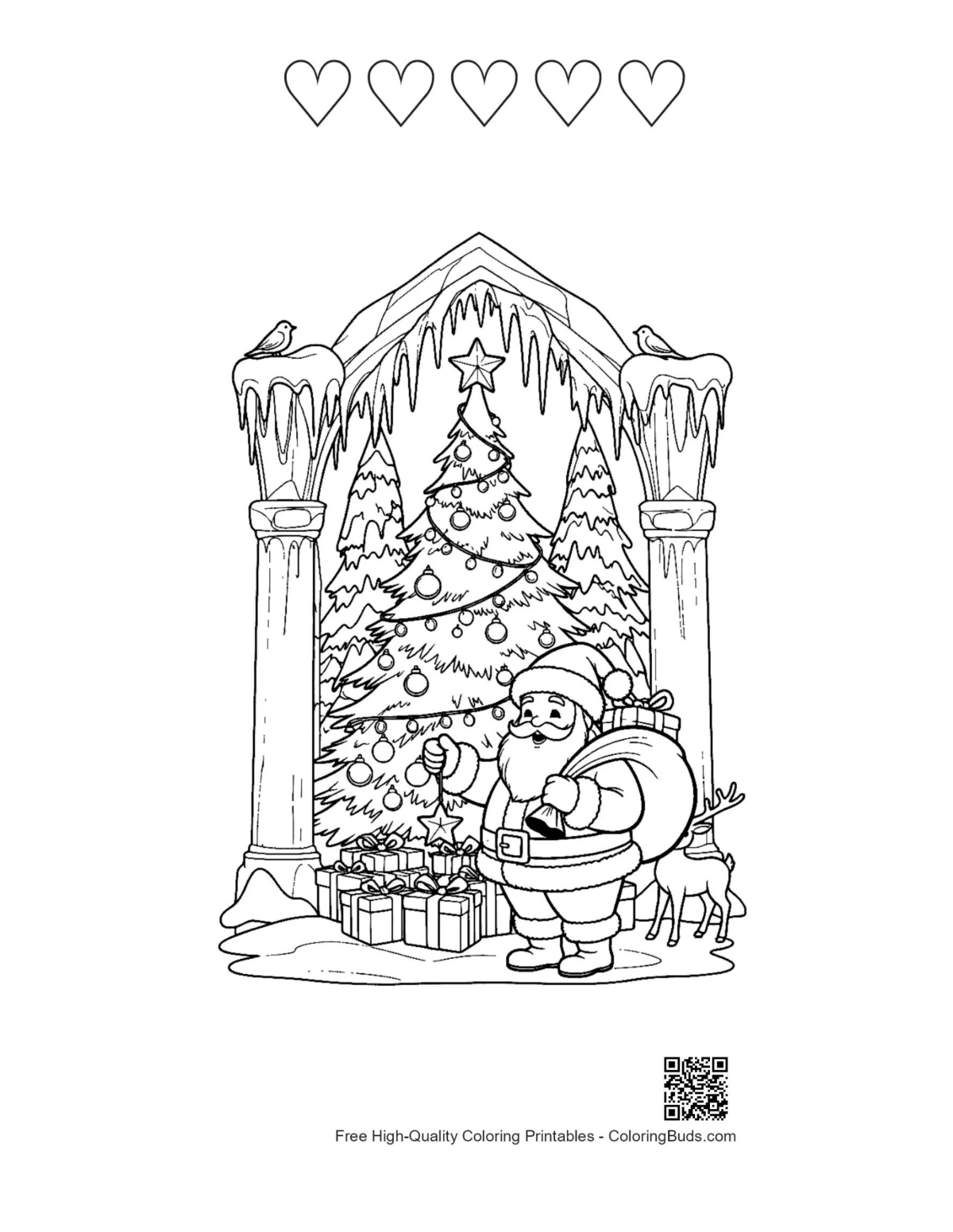 Easy Santa Claus with 5 hearts outline printable