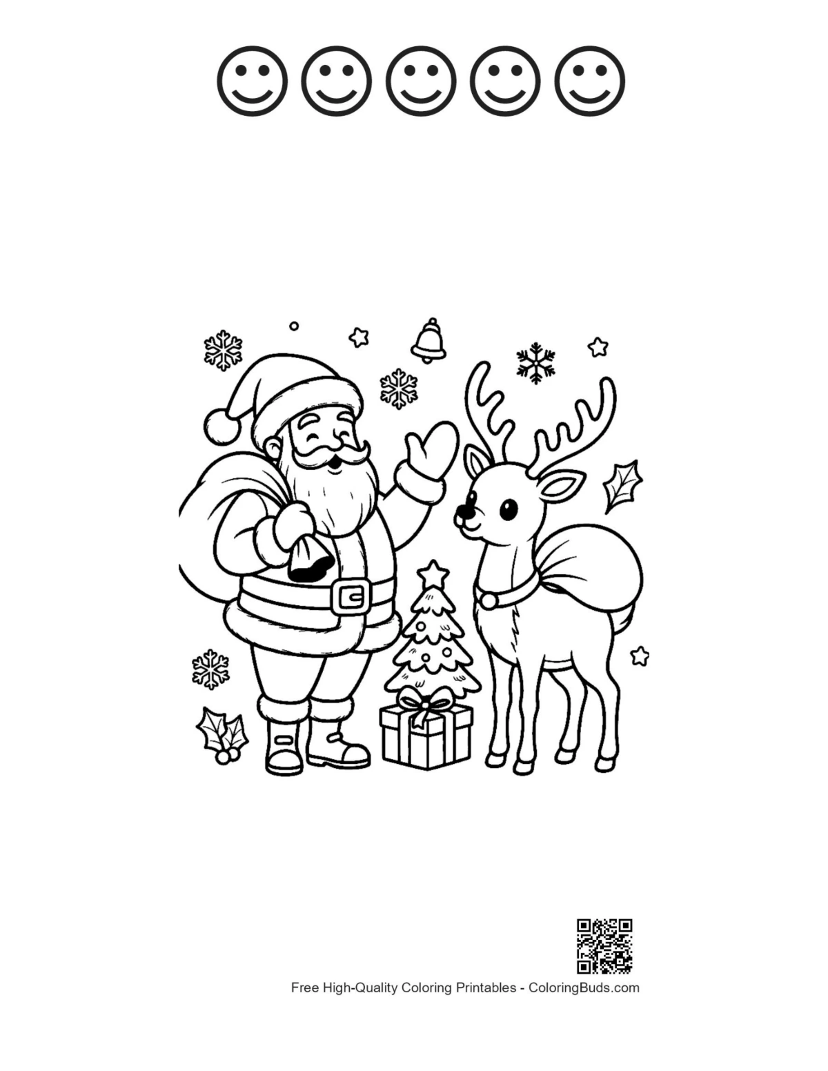 Happy Santa reindeer coloring with 5 happy faces printable