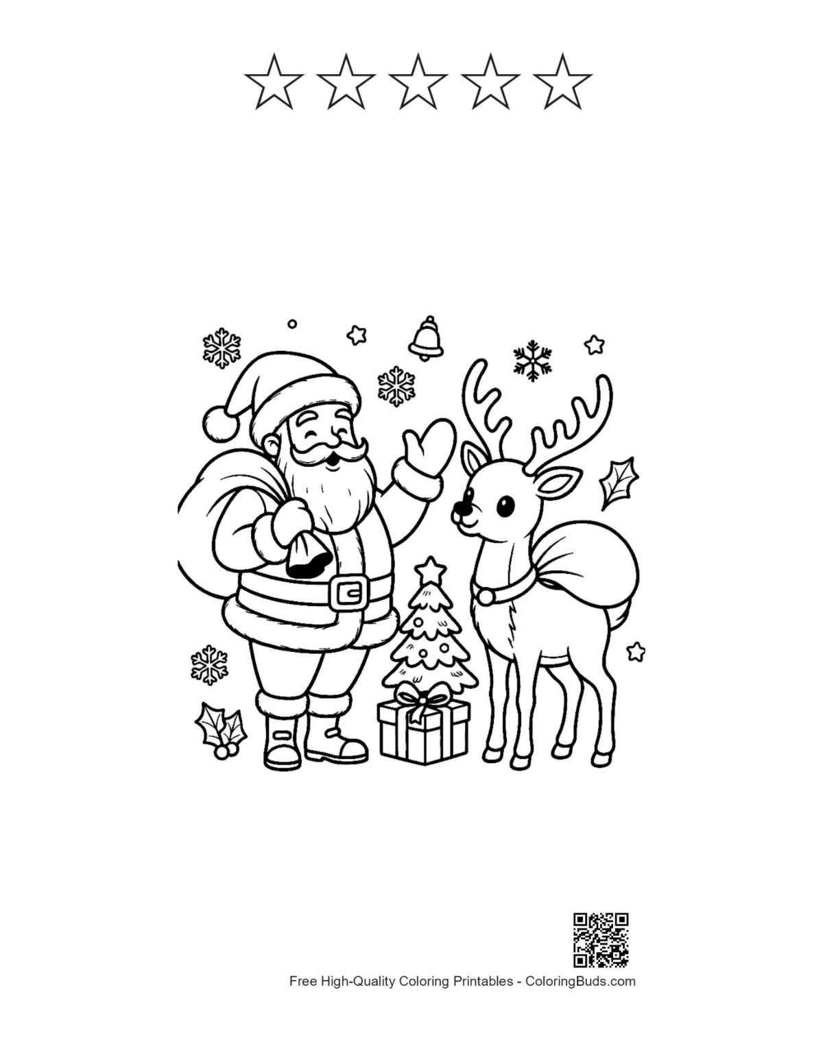 Santa pointing reindeer with 5 star outline coloring printable