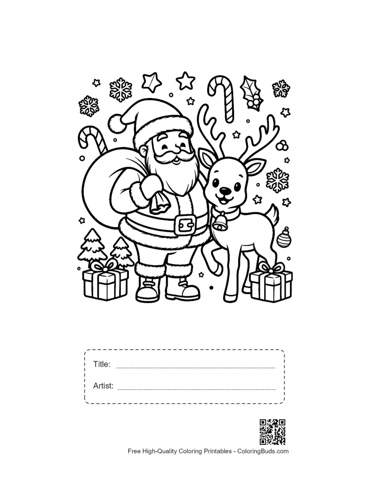 Santa Claus reindeer toys coloring sheet with title box