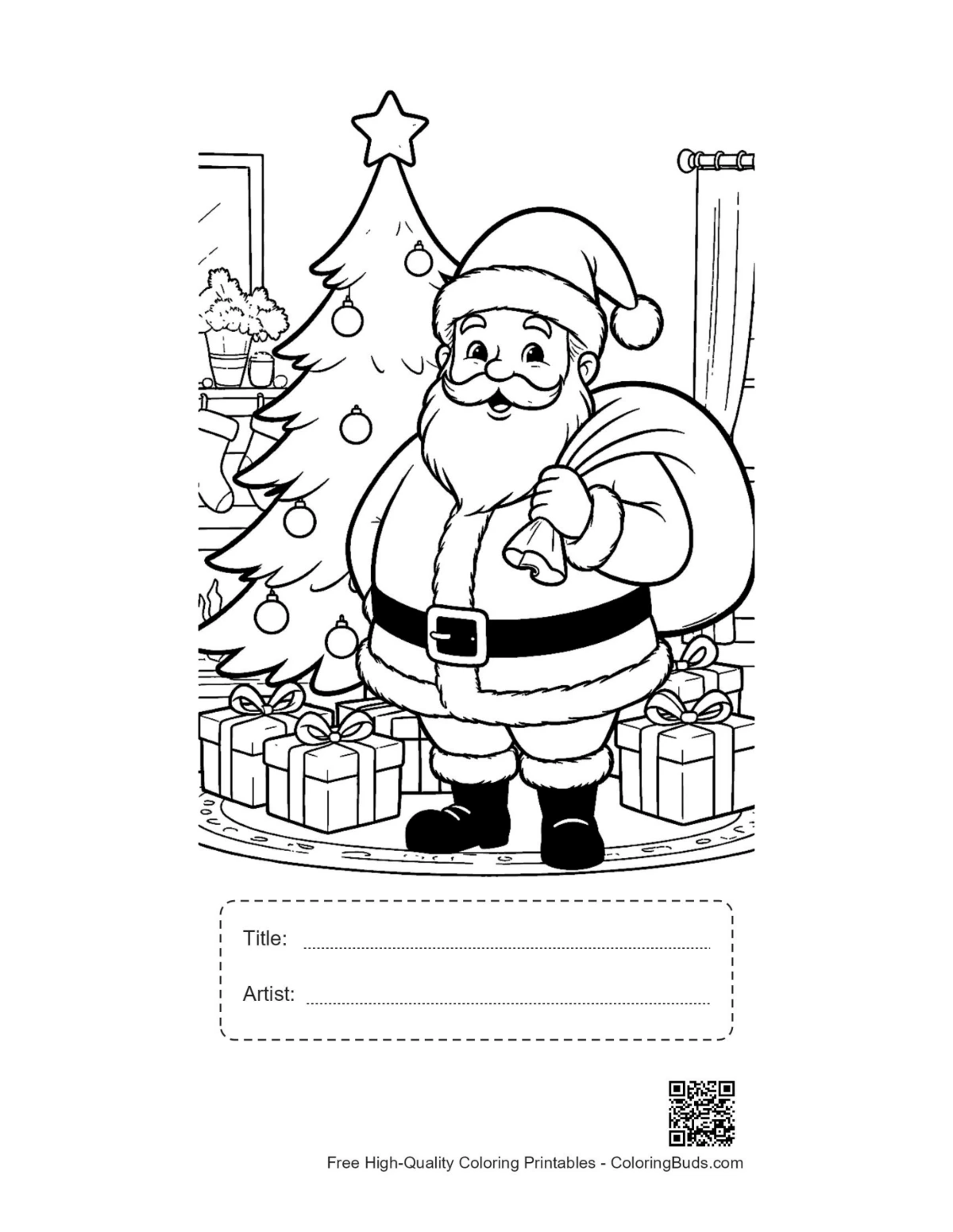 Santa toy sack tree coloring page title artist box