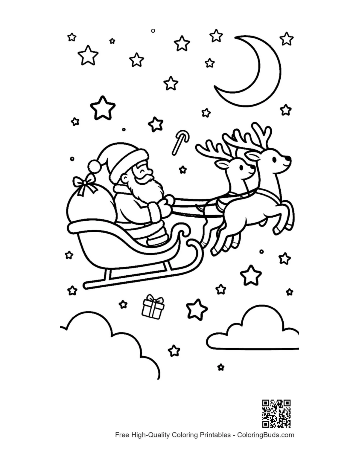 Santa sleigh over winter village coloring page printable