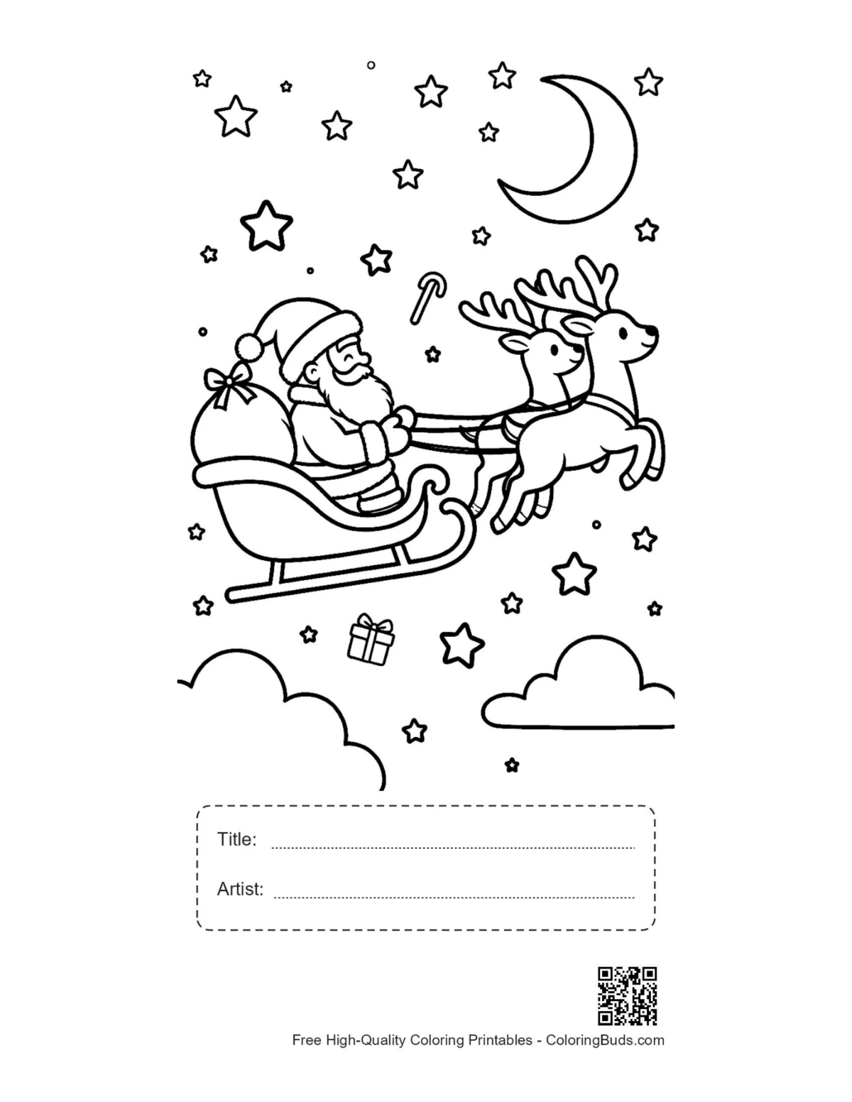 Santa sleigh village coloring page with title box