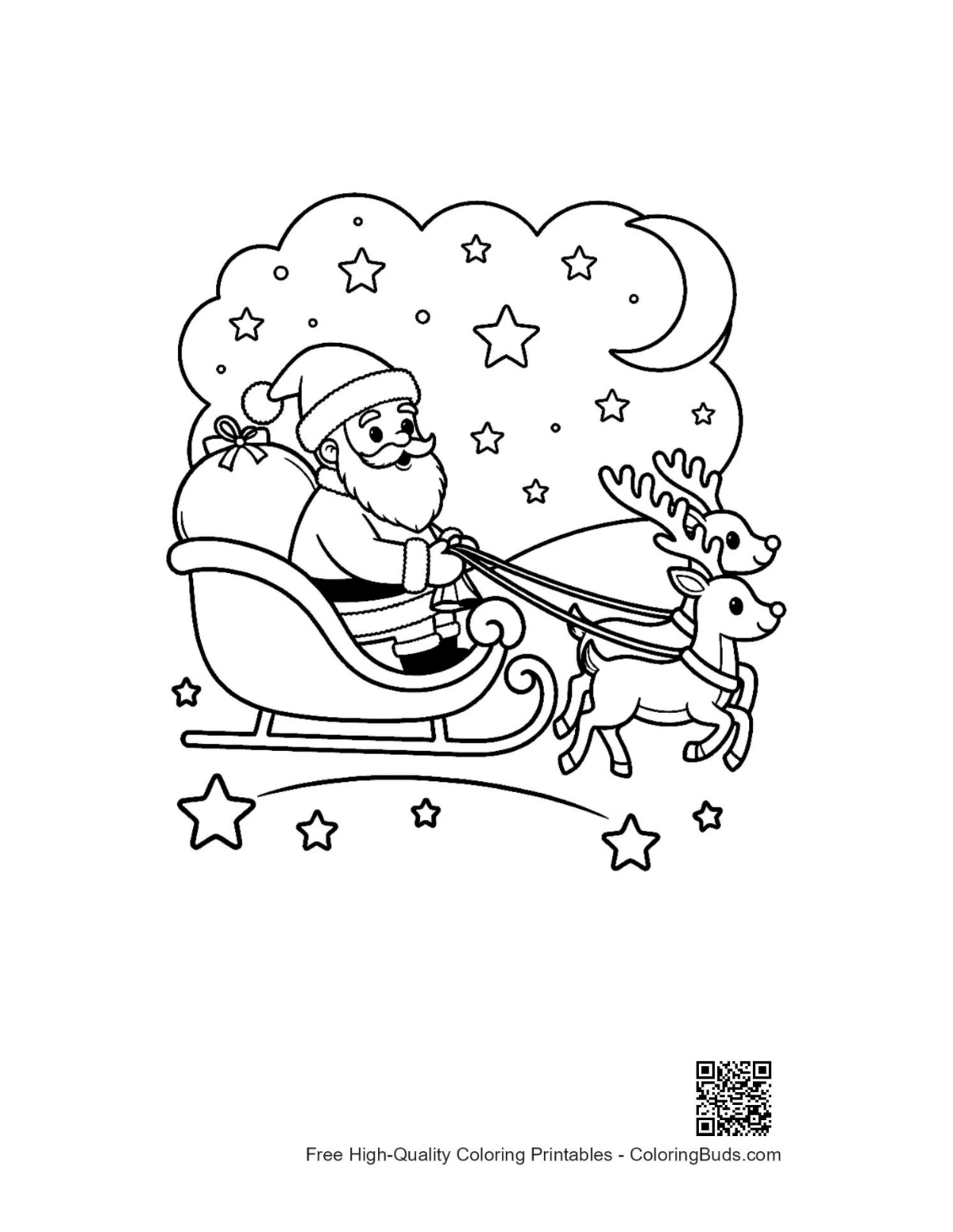 Santa sleigh with reindeer through clouds coloring page