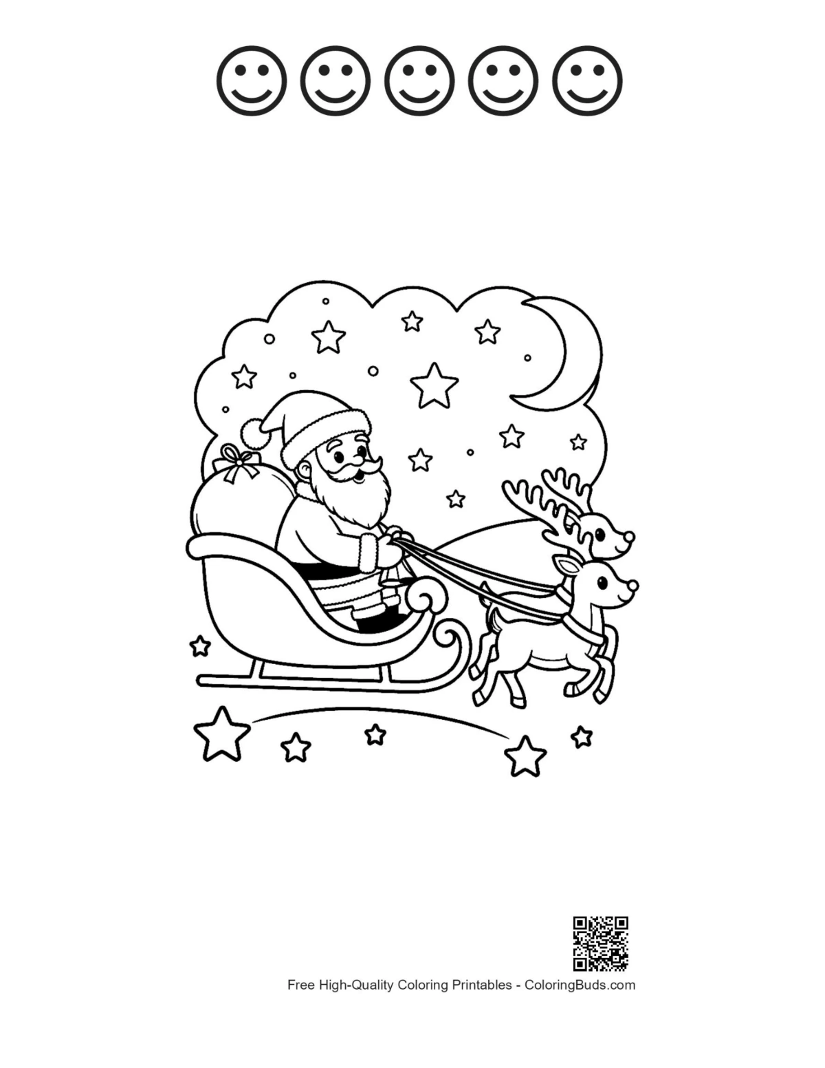 Santa clouds sleigh happy faces coloring printable