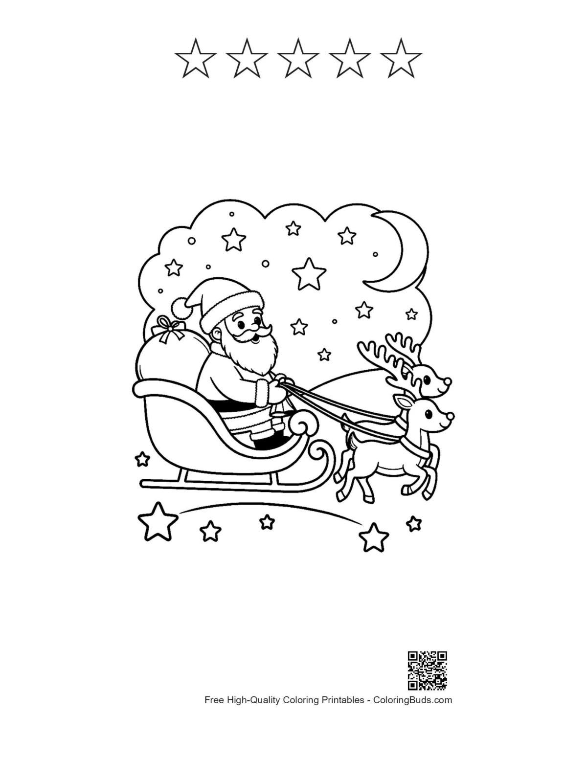 Santa sleigh coloring page with 5 stars outline