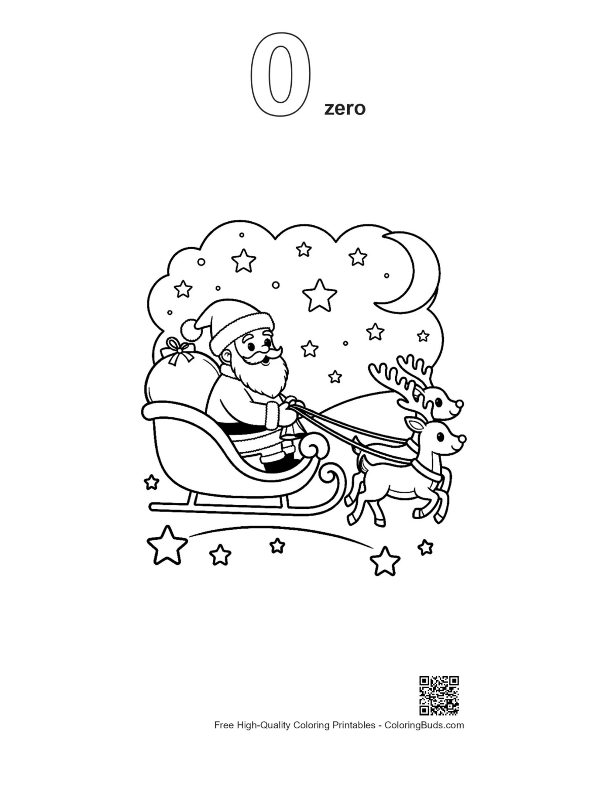 Santa reindeer sleigh clouds outline coloring page