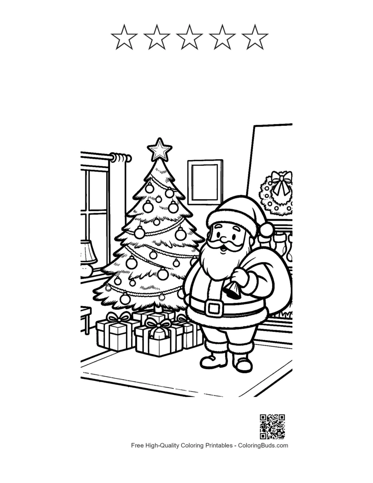 Santa home coloring with 5 star outlines