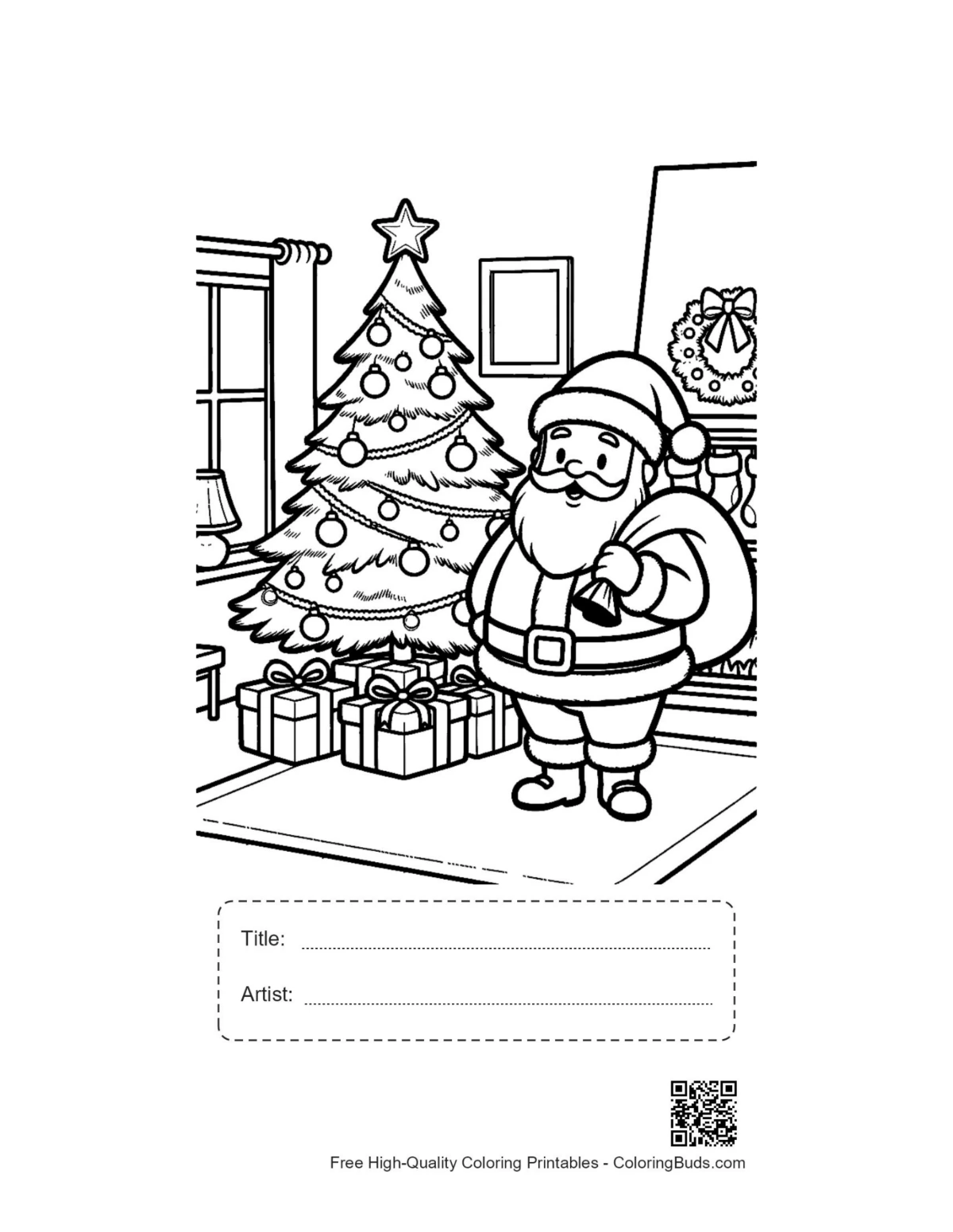 Santa tree coloring printable with title box