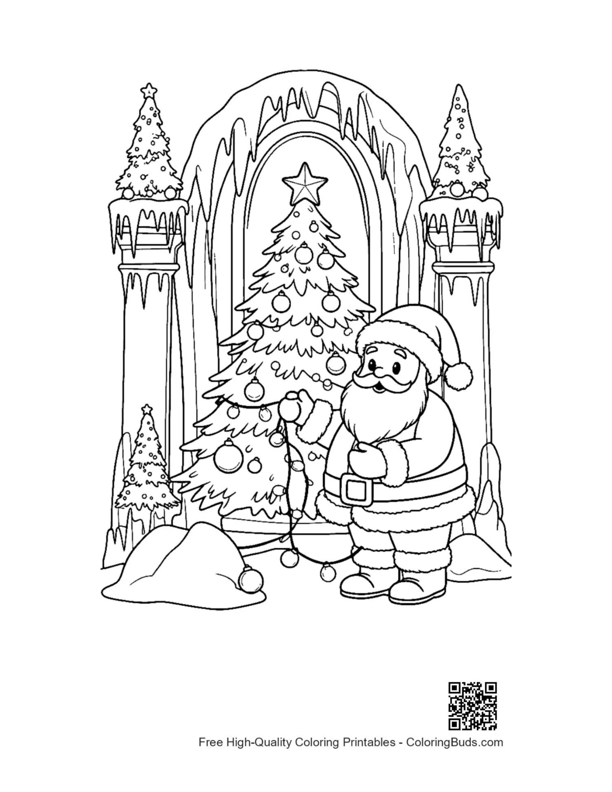 Santa Claus giant Christmas tree winter park coloring page