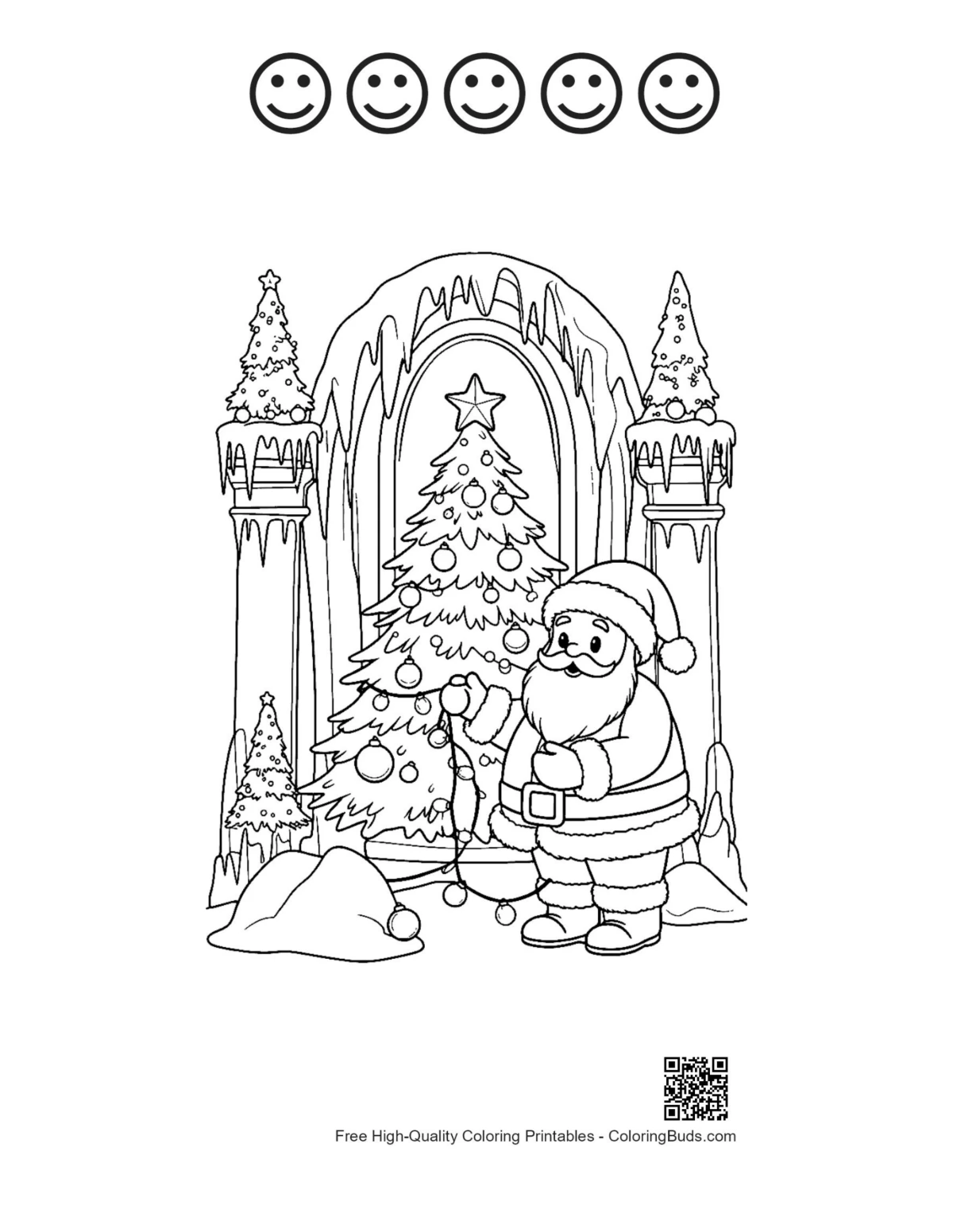 Santa Claus winter park 5 happy faces coloring printable