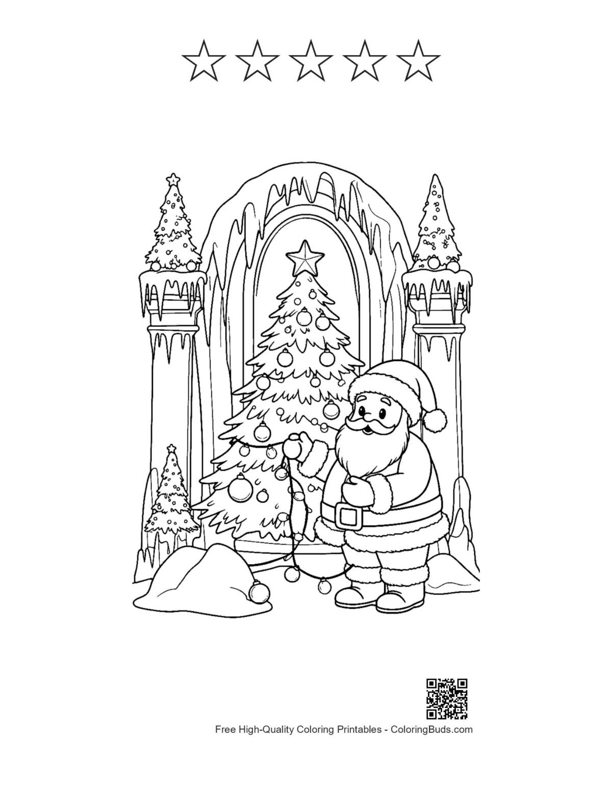 Santa Claus tree with 5 star outlines coloring page