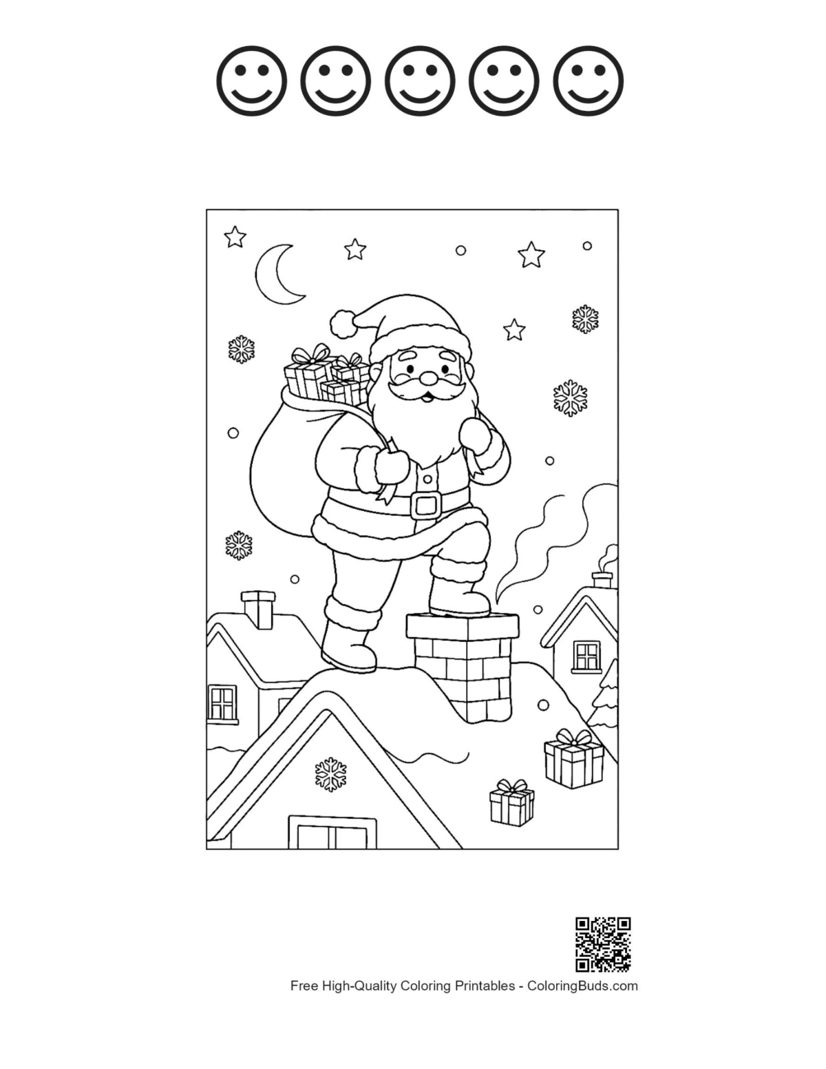 Santa rooftop chimney 5 happy face outline printable sheet