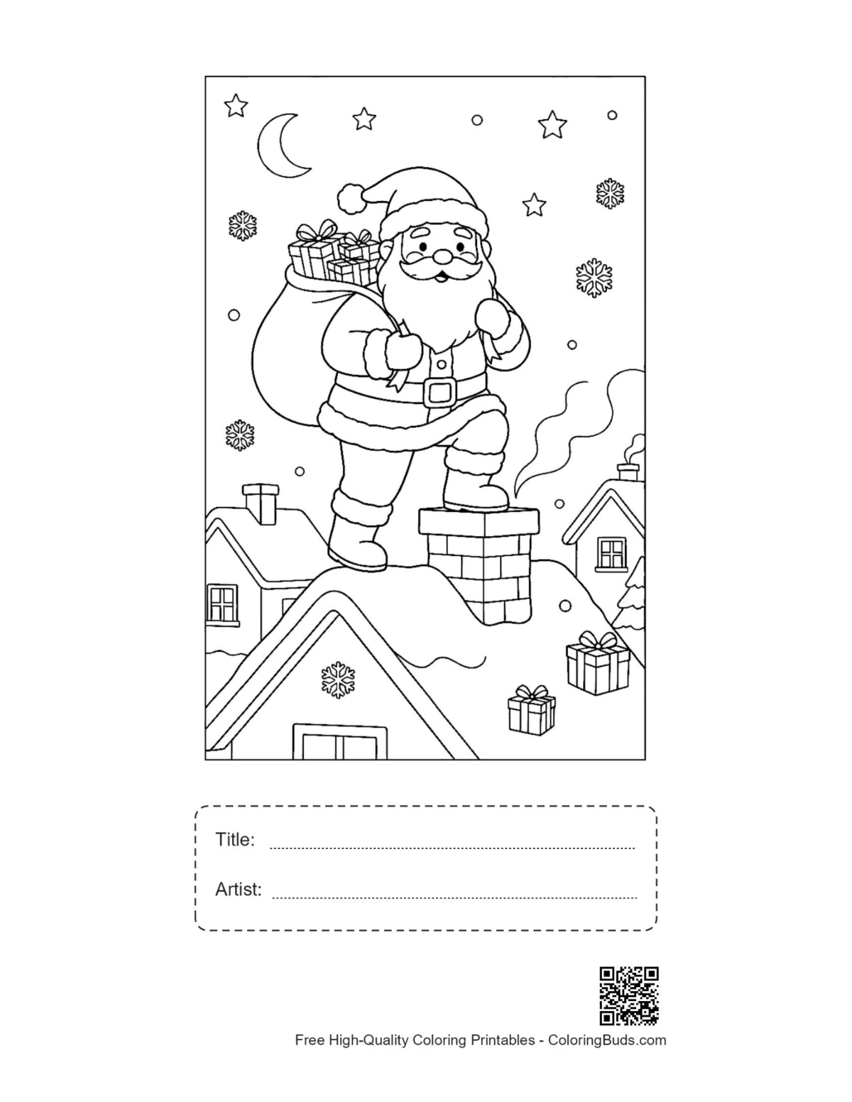 Santa rooftop coloring page with title artist box printable
