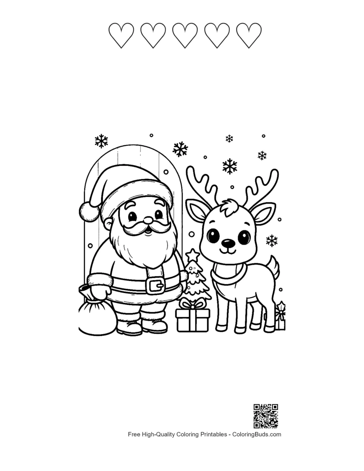 Santa Claus coloring with 5 heart outline printable