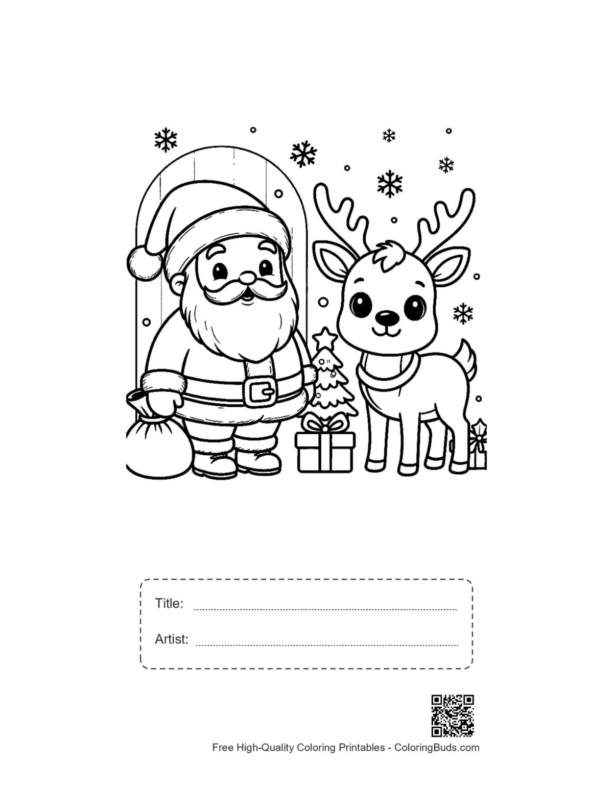 Santa Claus reindeer tree coloring page with title box