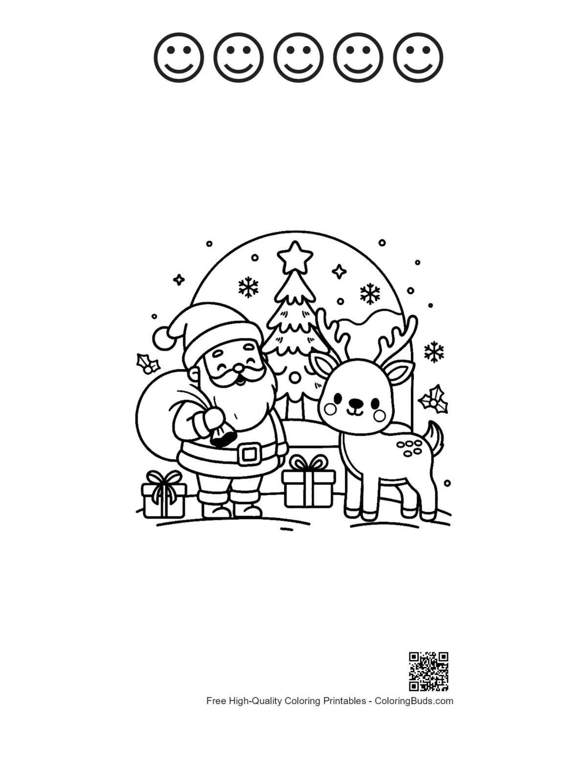 Santa Claus with happy faces outline page