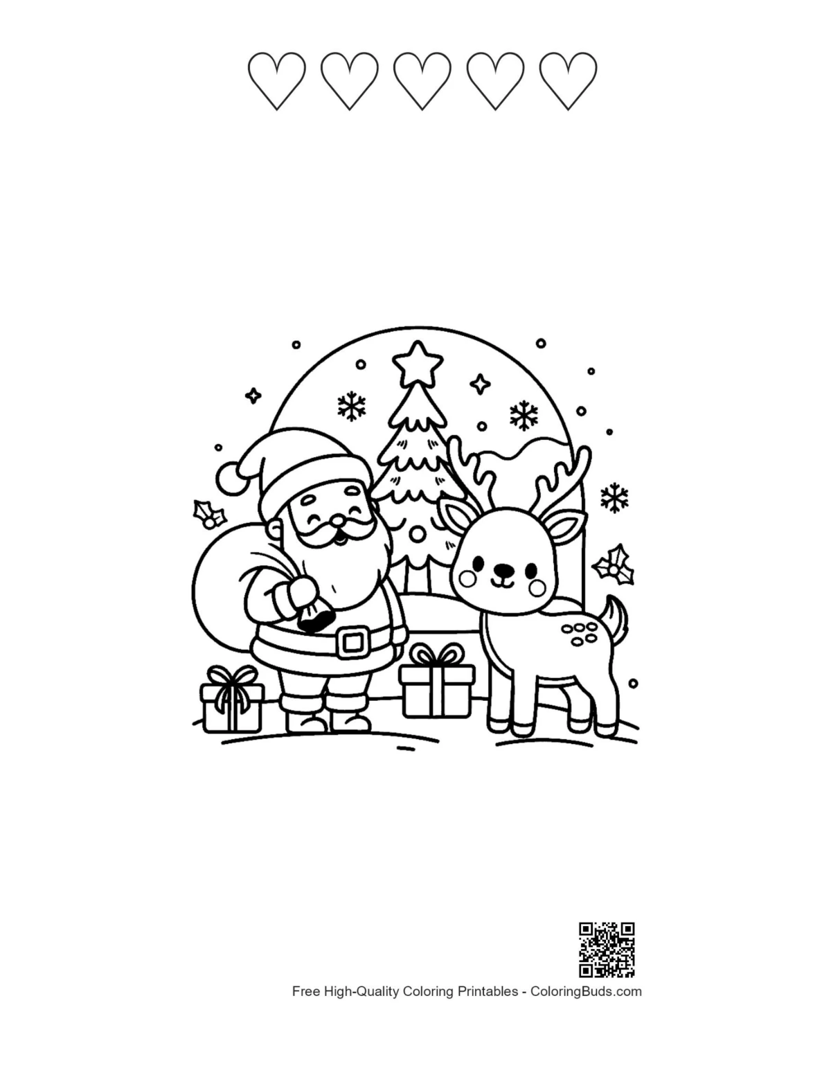 Santa Claus hearts outline coloring printable