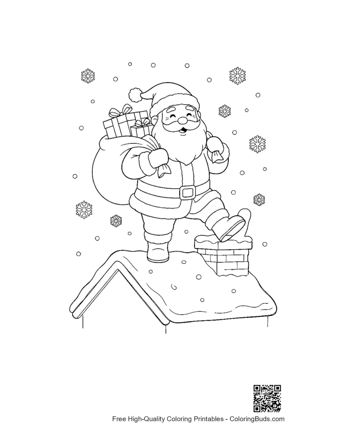 Santa Claus toy bag entering chimney snowy house coloring page