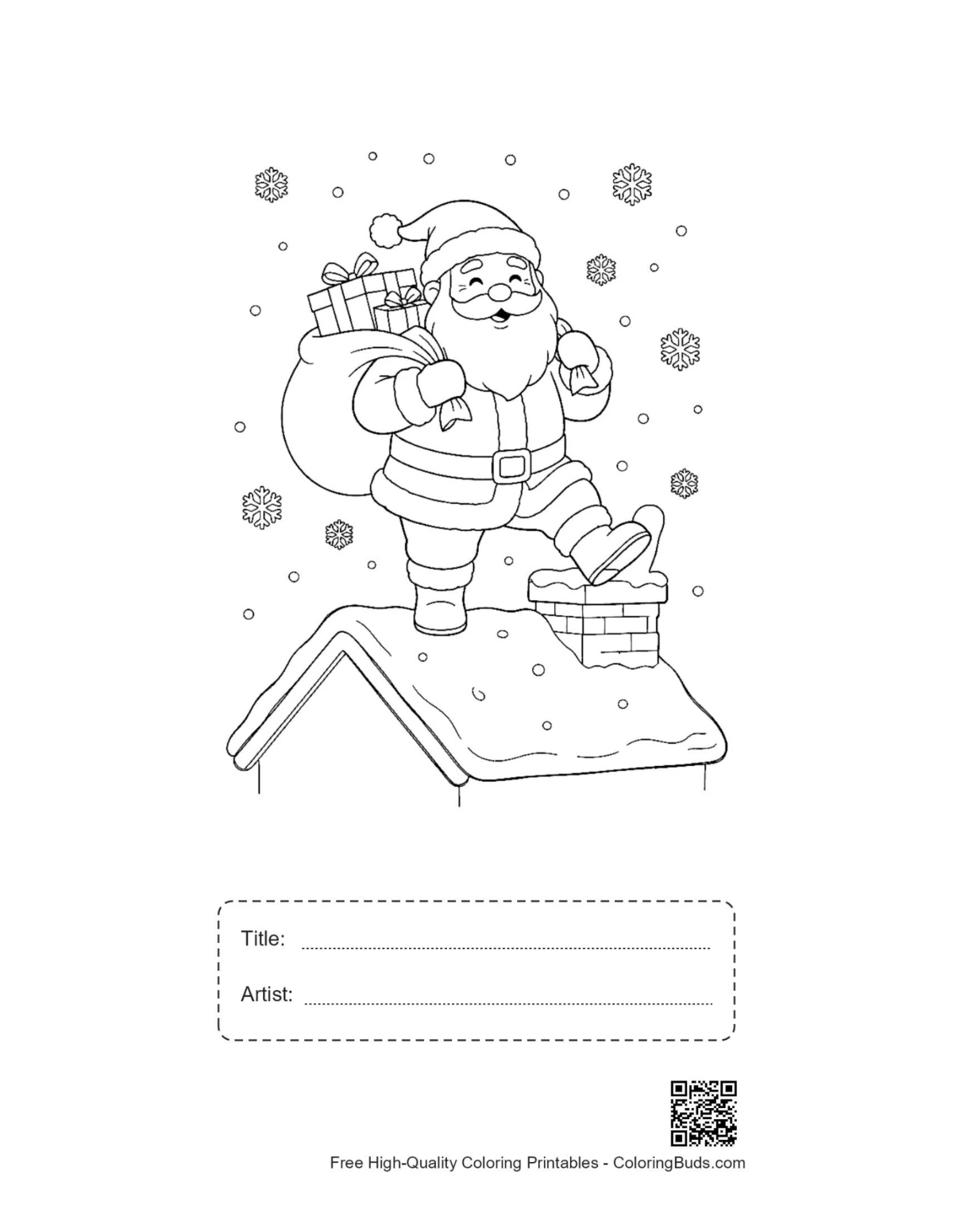 Santa chimney coloring printable with title artist box