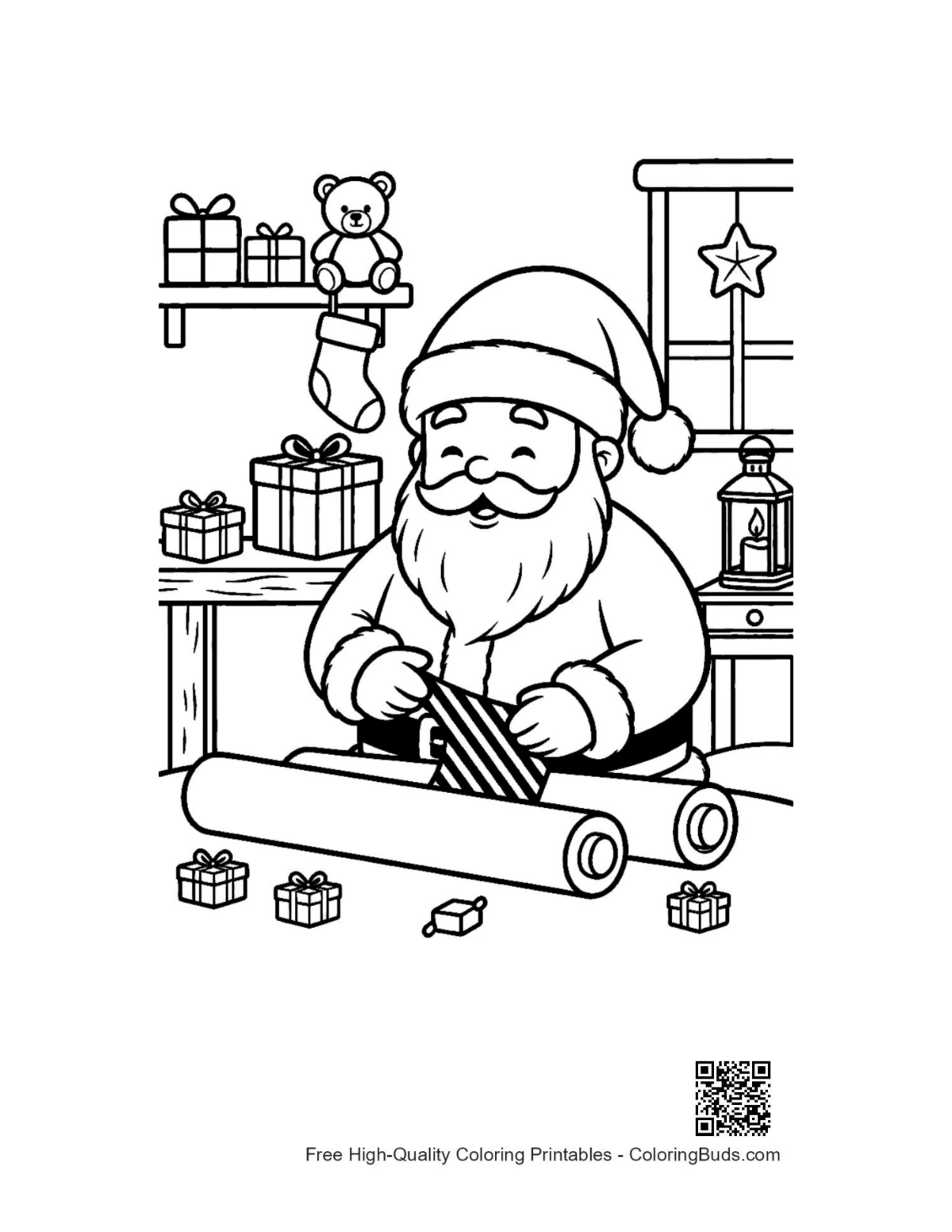 Santa Claus wrapping gift in cozy workshop coloring page