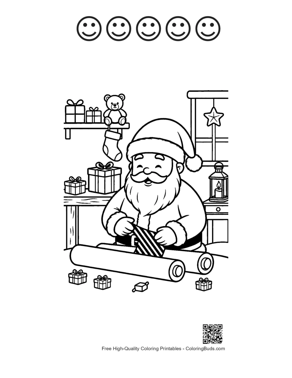 Cozy Santa workshop coloring page 5 happy faces outline