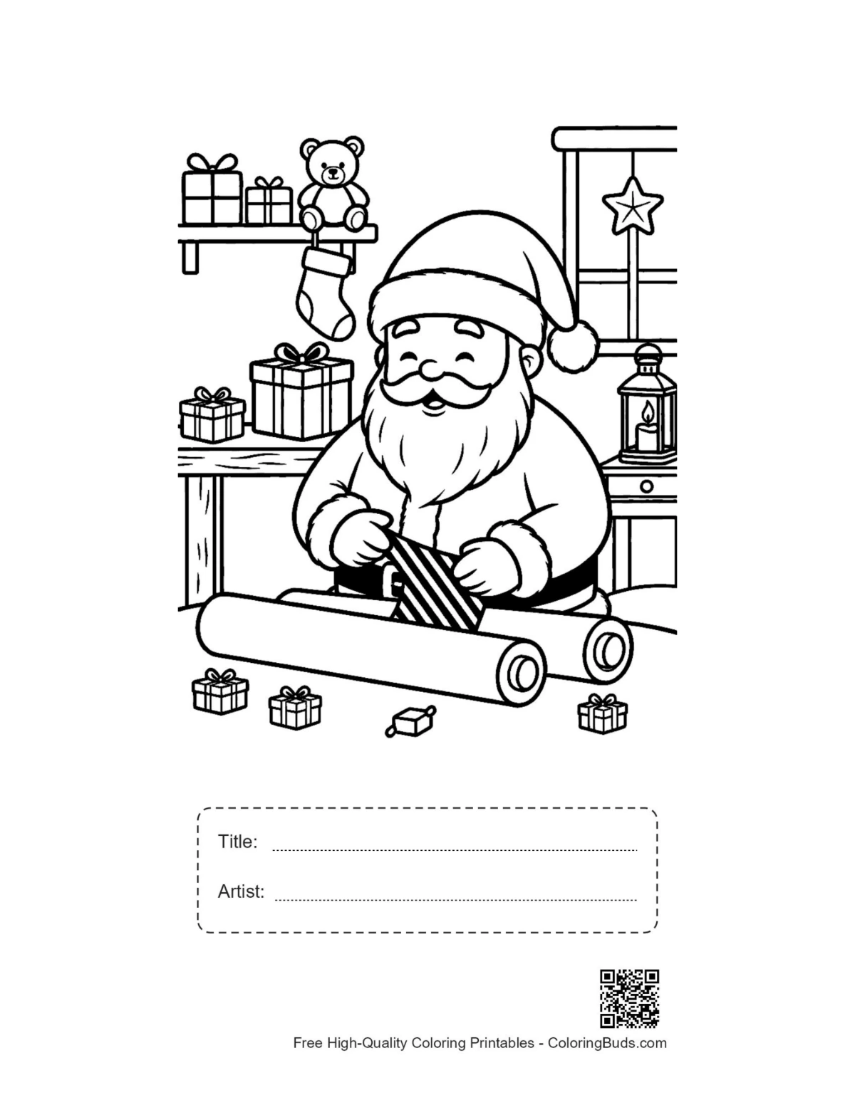Santa workshop coloring page with title artist box printable