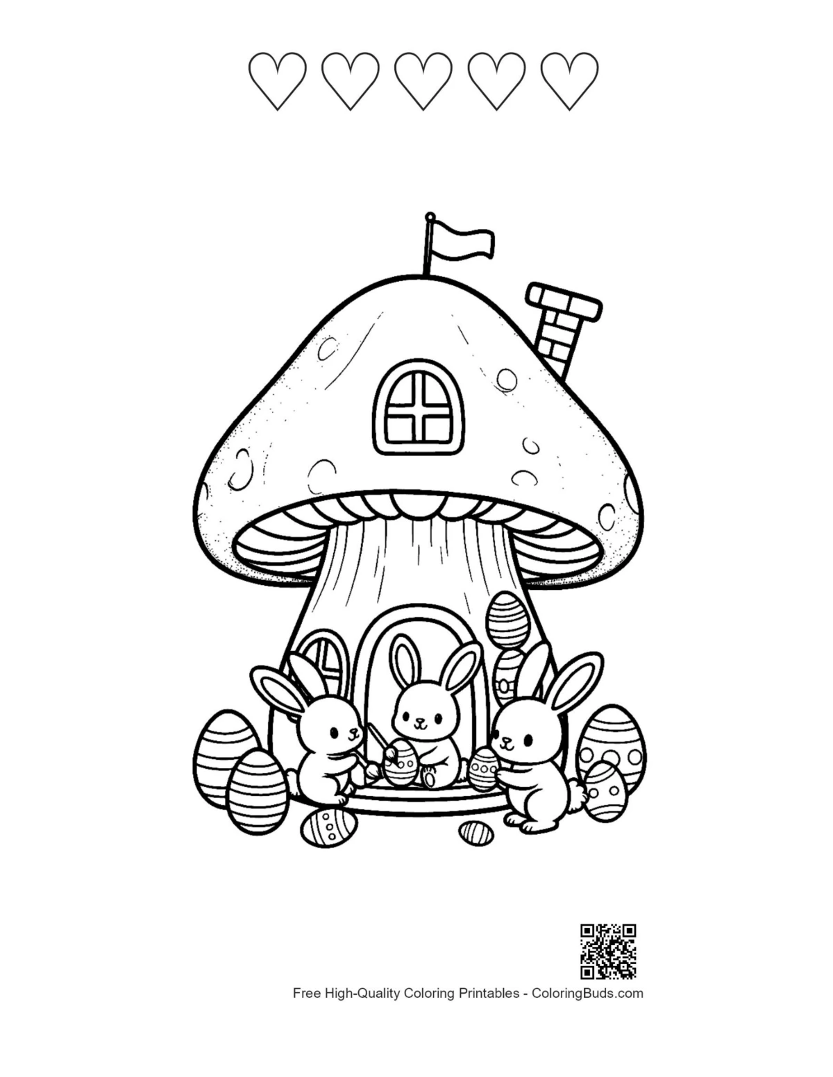 Baby bunny near mushroom with heart outlines