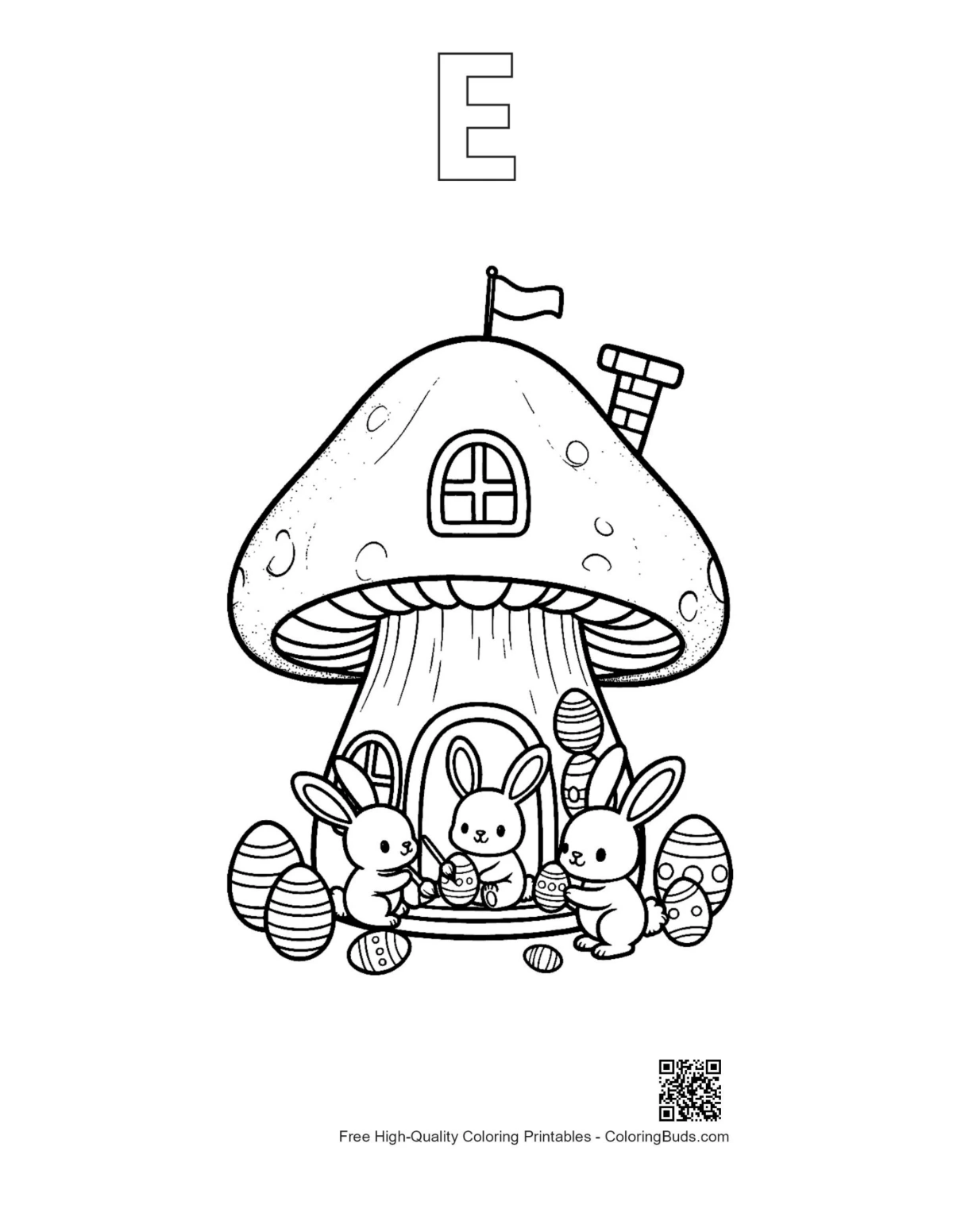 Baby bunny mushroom home with alphabet E outline