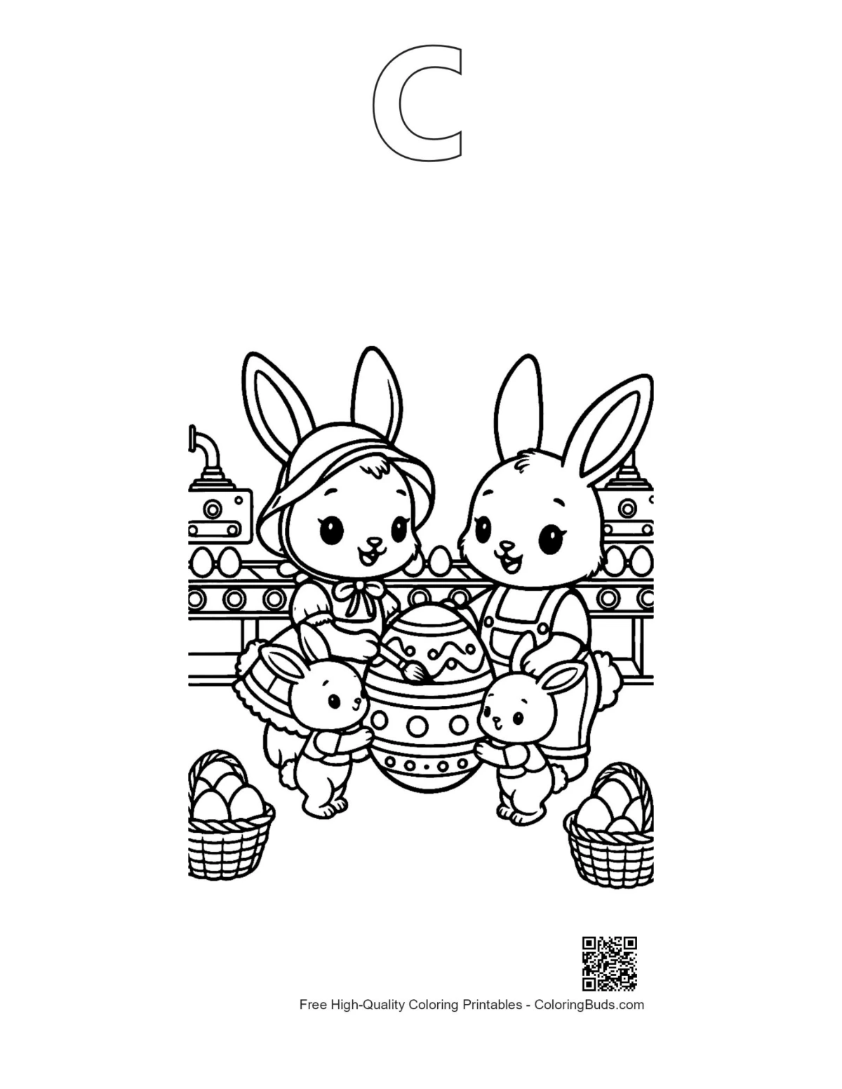 Bunny family Easter outline with alphabet C coloring page