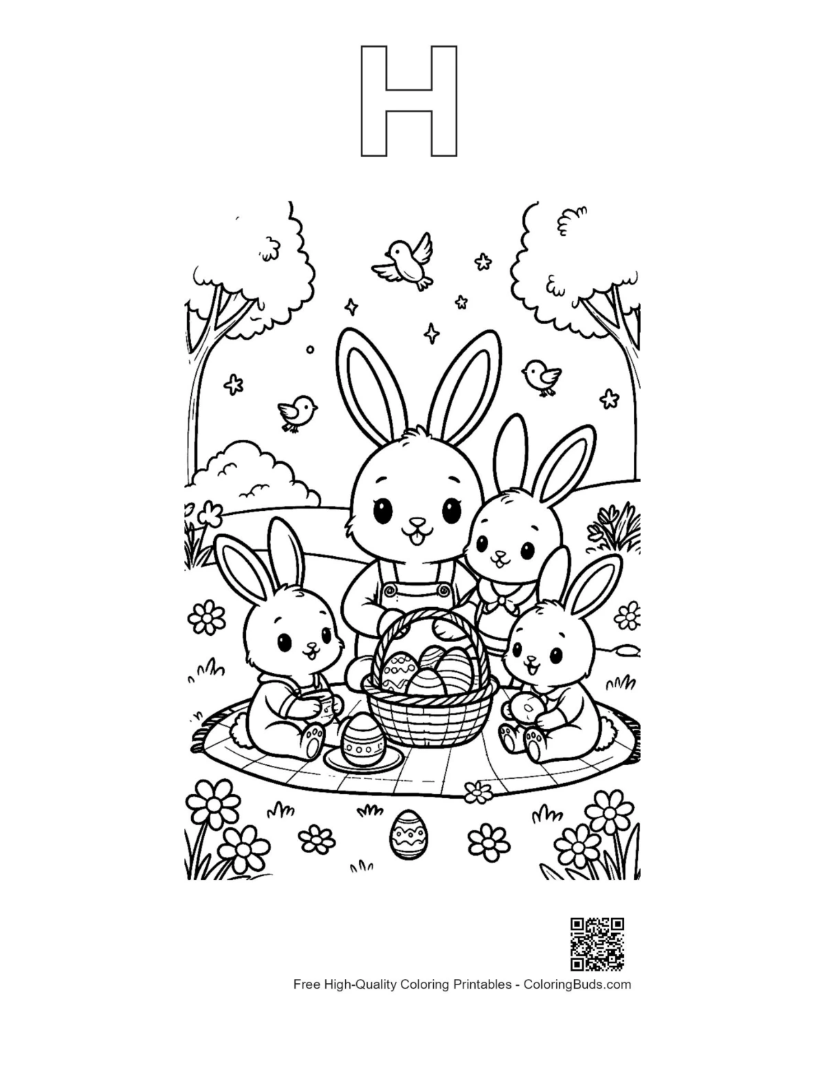 Bunny picnic outline alphabet H Easter Bunny printable