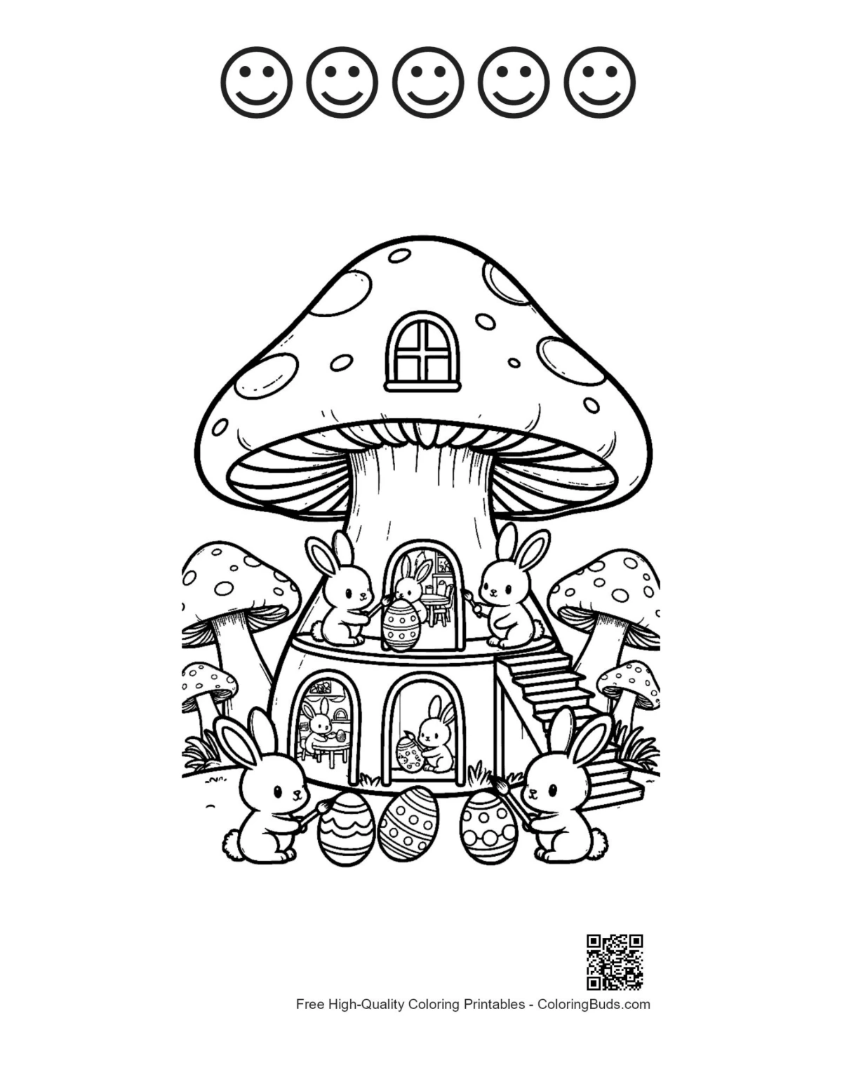 Bunny village printable with 5 happy face outlines