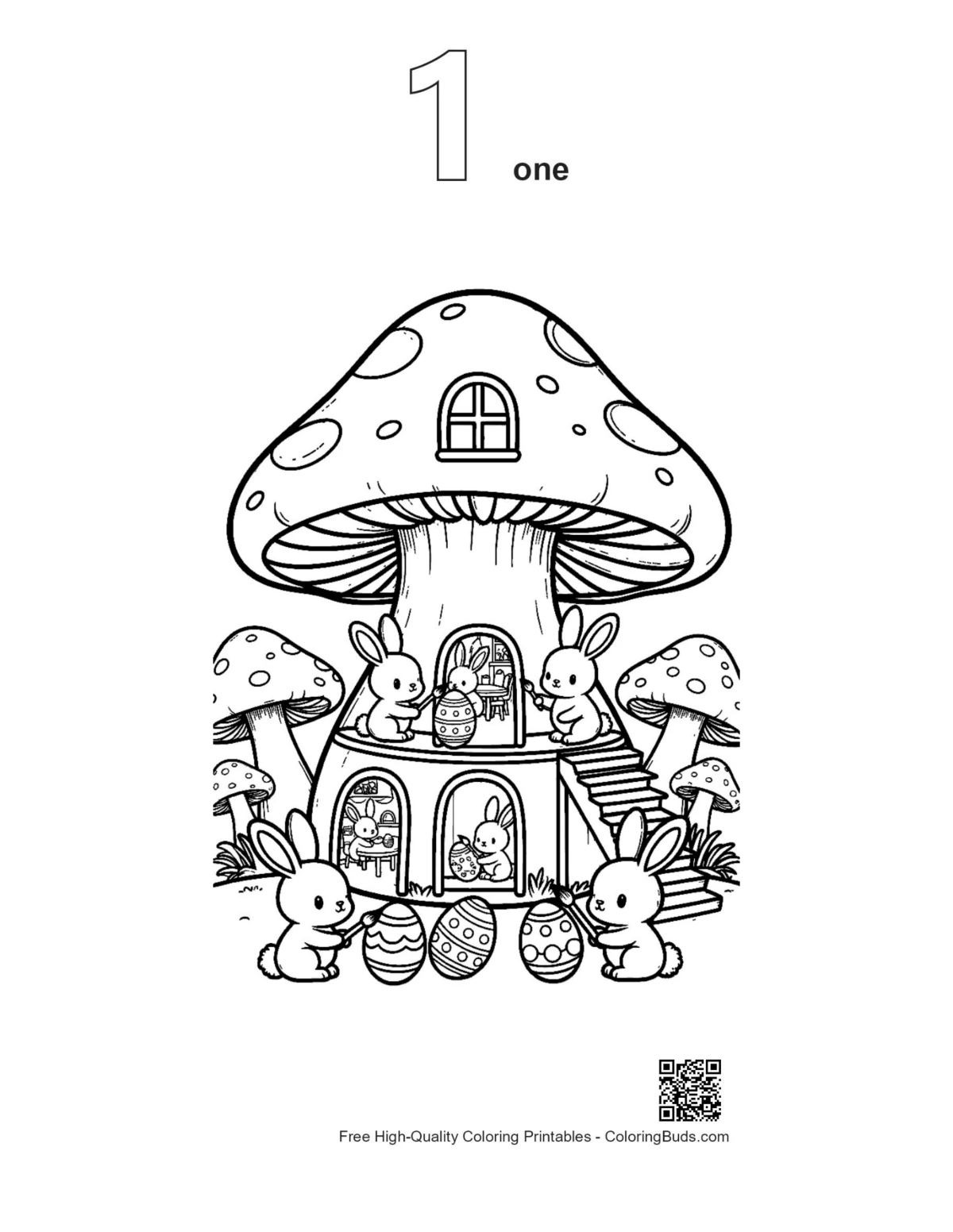 Bunny friends mushroom village outline coloring page number 1
