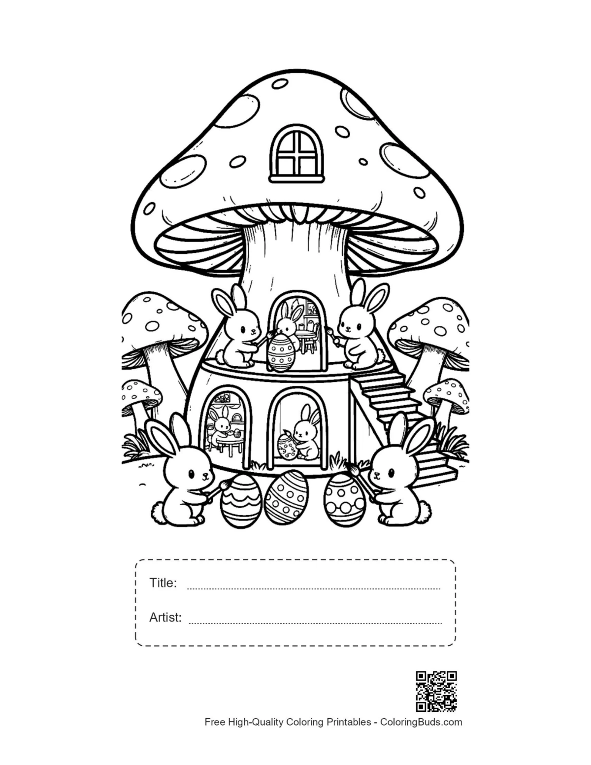 Printable bunny village scene with title and artist box