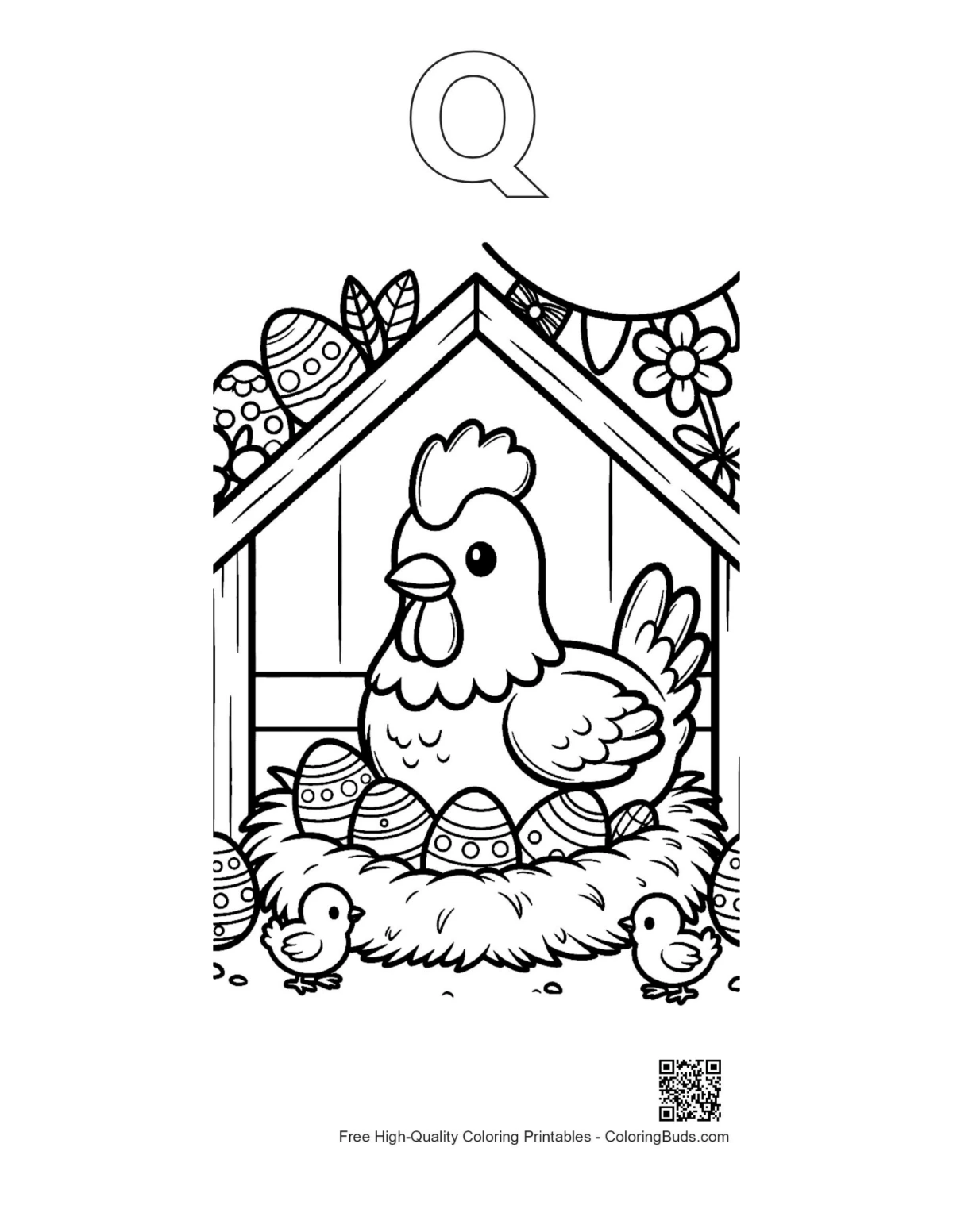 Chicken eggs printable outline with alphabet letter Q