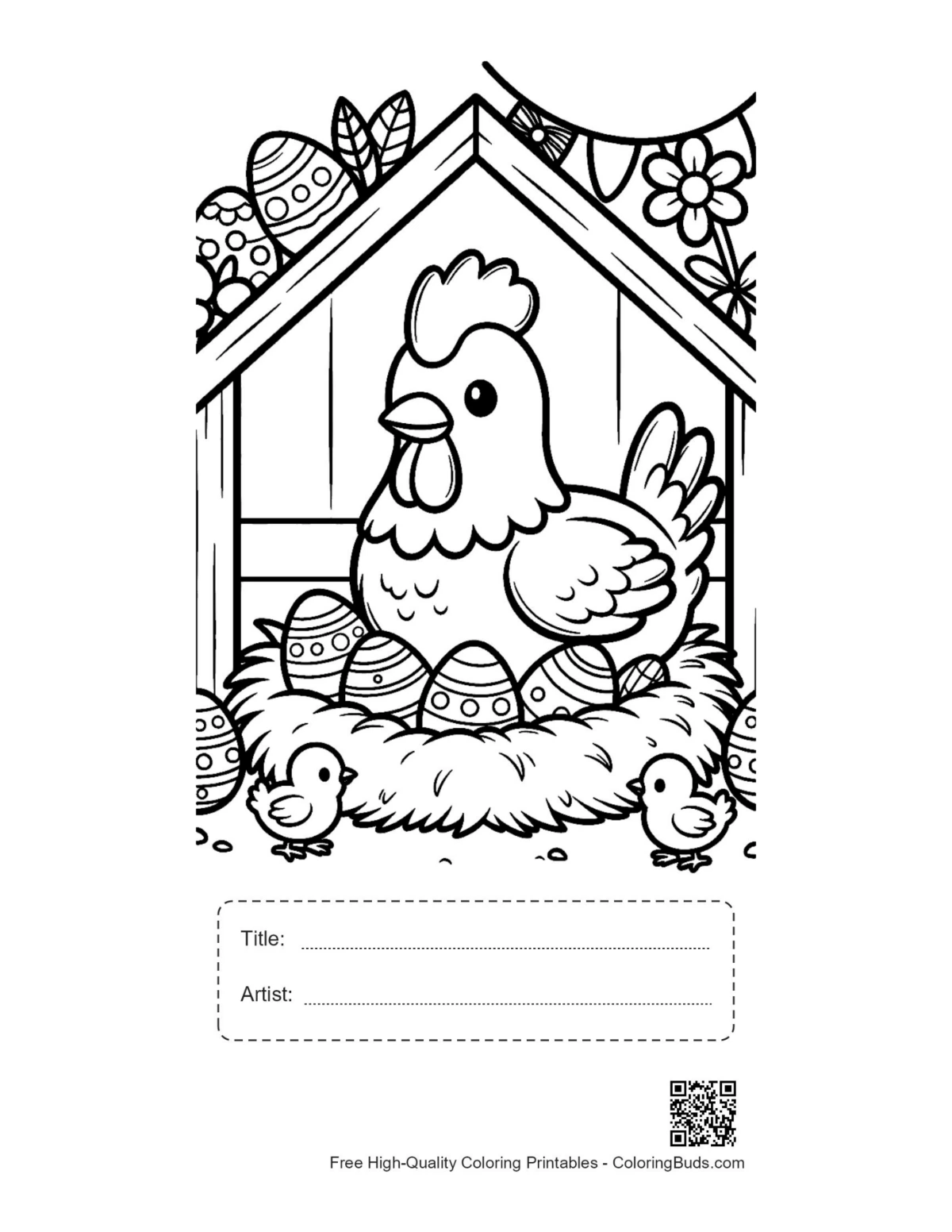 Chicken Easter eggs printable with title artist box